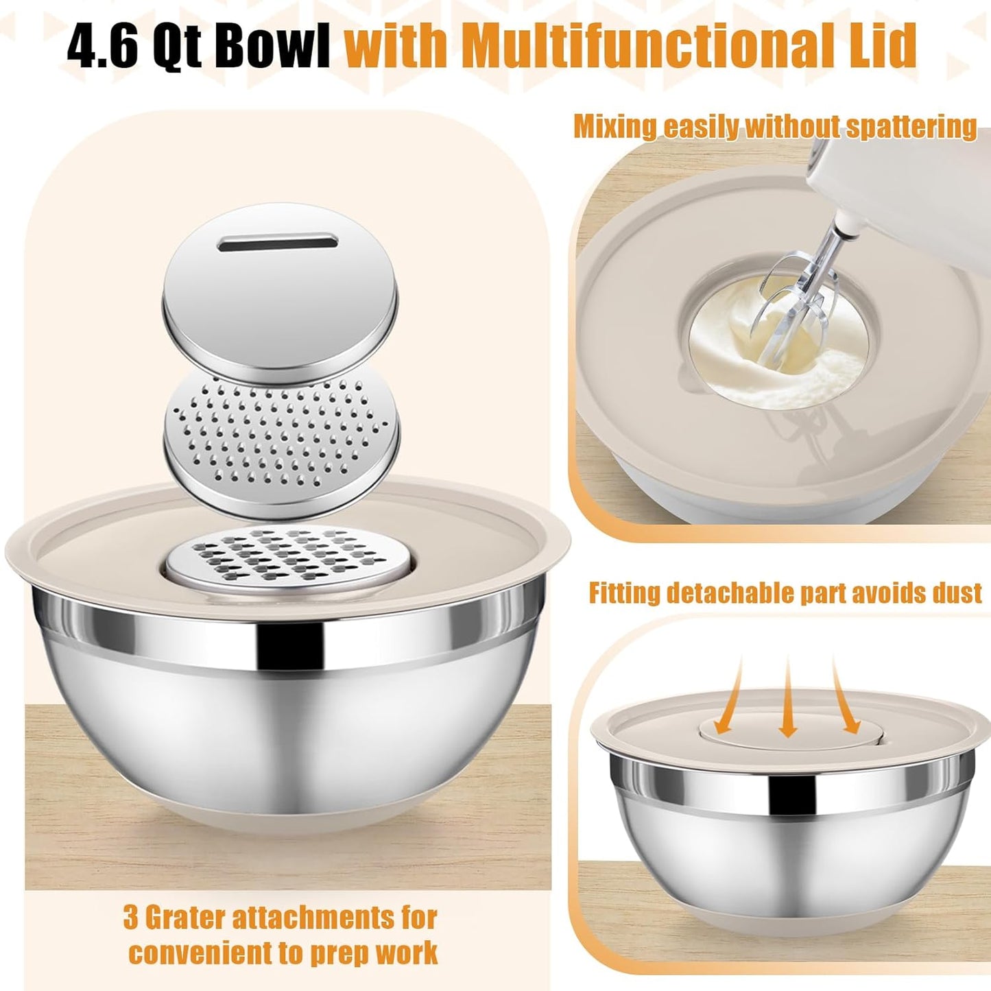 P&P CHEF Mixing Bowl with Lid Set, 5 Piece Stainless Steel Mixing Nesting Bowls for Salad Storage, 3 Grater Attachments & Non-Slip Bottoms, Size 1/1.5/2 / 2.6/4.6 QT, Khaki