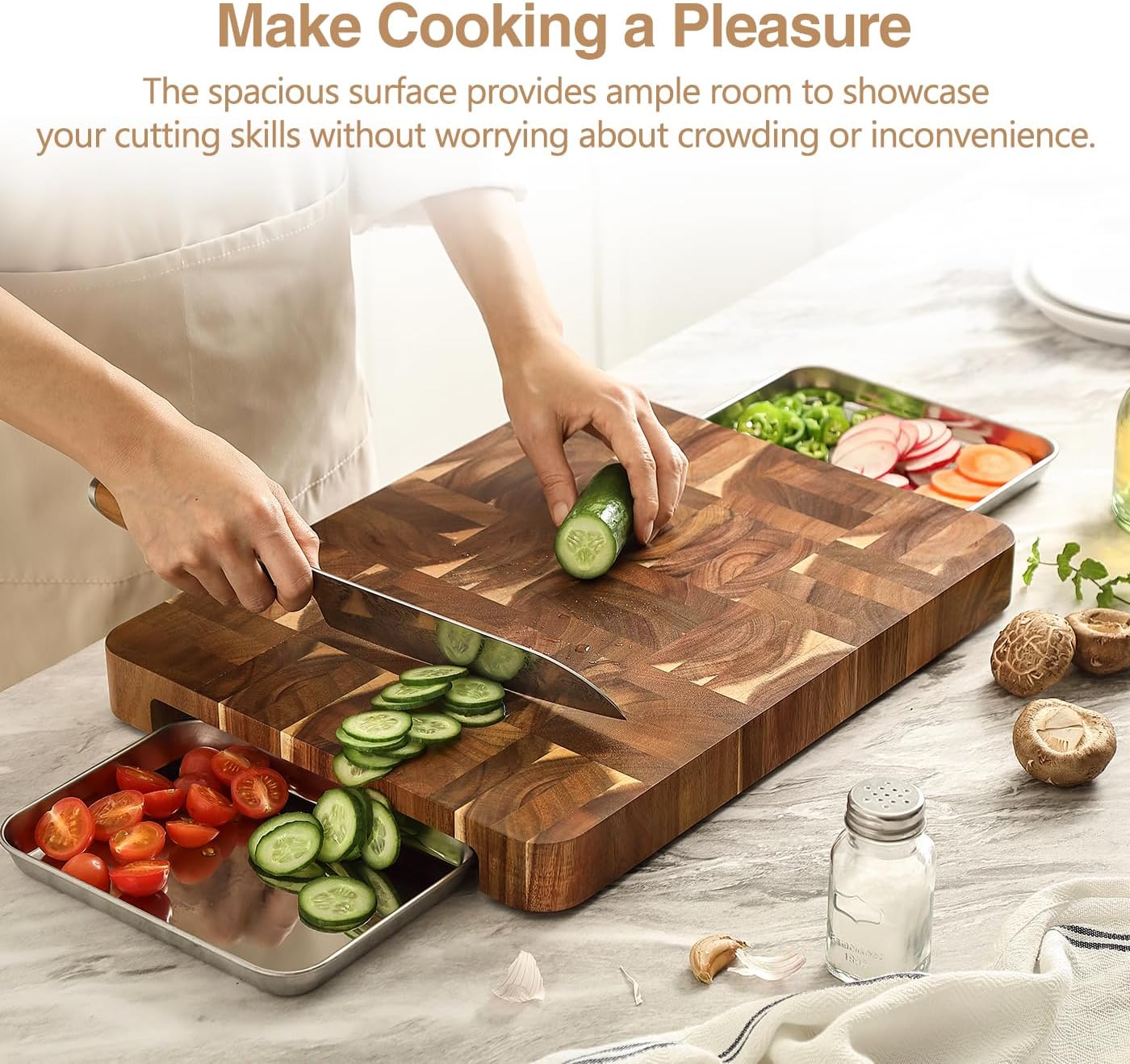 XINZUO Large Thick End Grain Acacia Wood Cutting Board -(16‘’L x 12''W x 1.6''T)-Dark Wood Cutting Board,Reversible Wooden Chopping Board with Non-Slip Feet-Catches Food and Waste-Giftbox