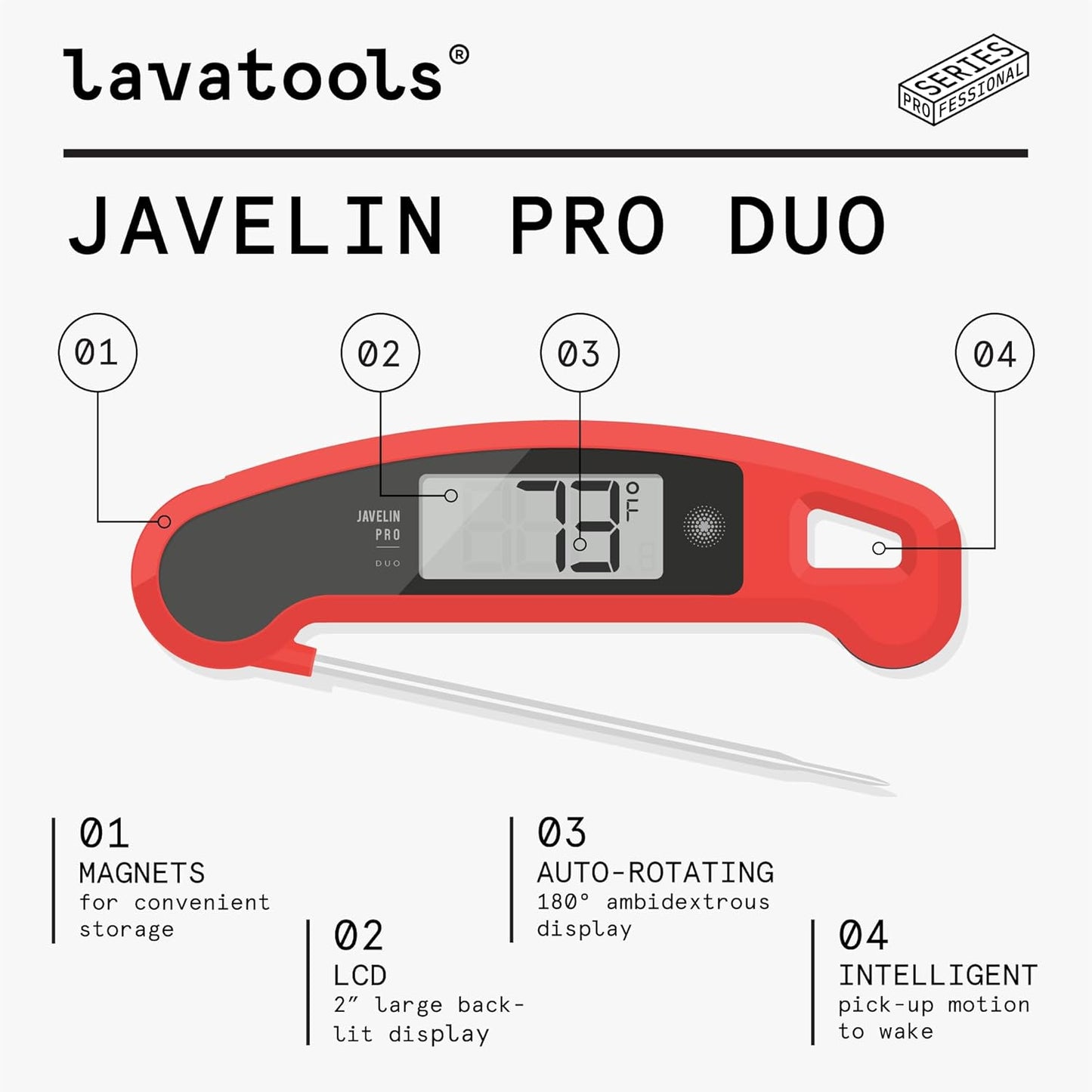 Lavatools Javelin® PRO Duo Ultra-Fast 2-Second Professional Digital Instant Read Meat Thermometer for Grill and Cooking, Auto-Rotating Backlit Display, IP65 Water Resistant, NSF Certified – Tangerine