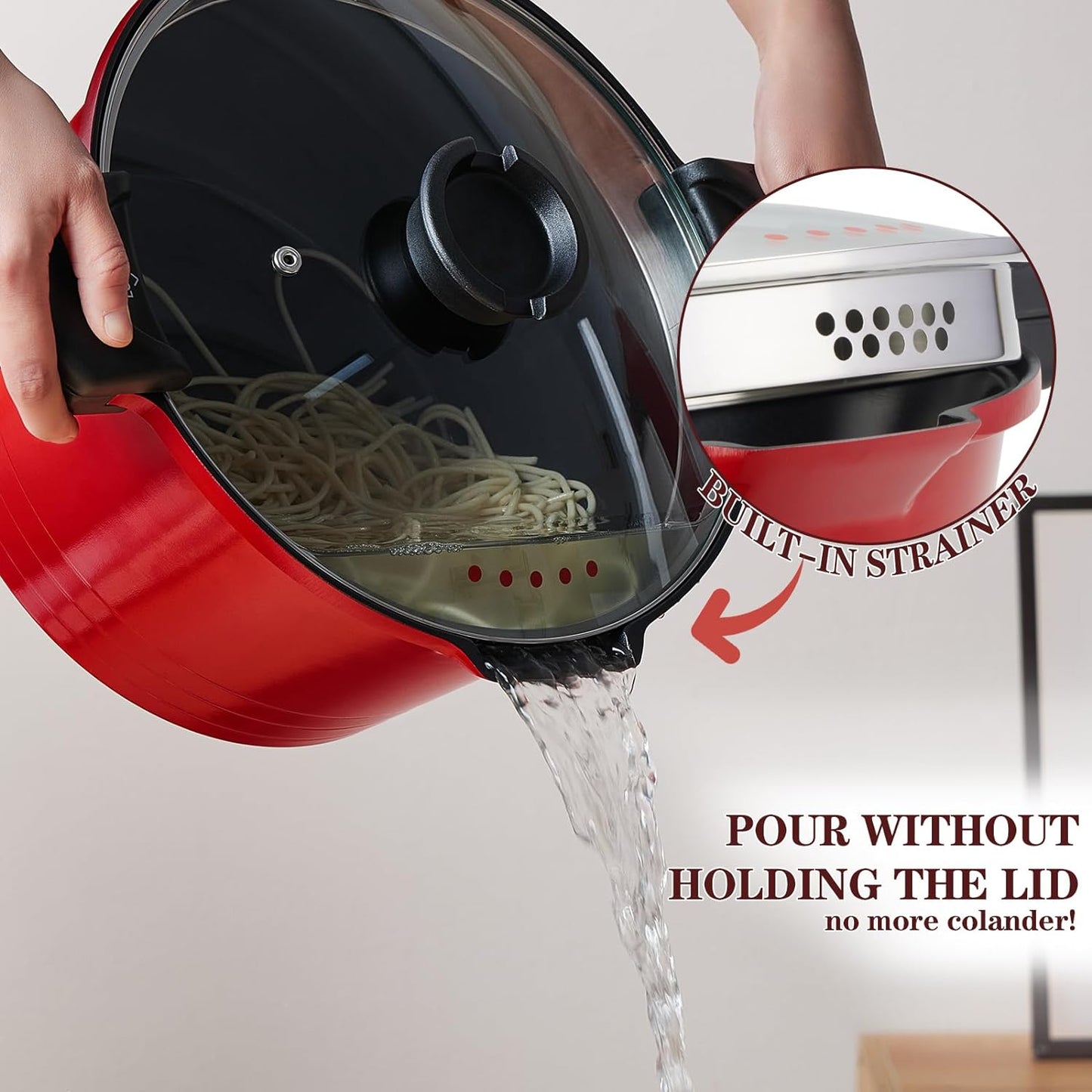 5qt Pasta Pot with Strainer Lid, Cast Aluminum Stockpot Multipot, Nonstick Ceramic Coating make Cleanup easy with Tempered Glass Lid, Dishwasher Safe, Induction, Black (Red, 5 Quarts)