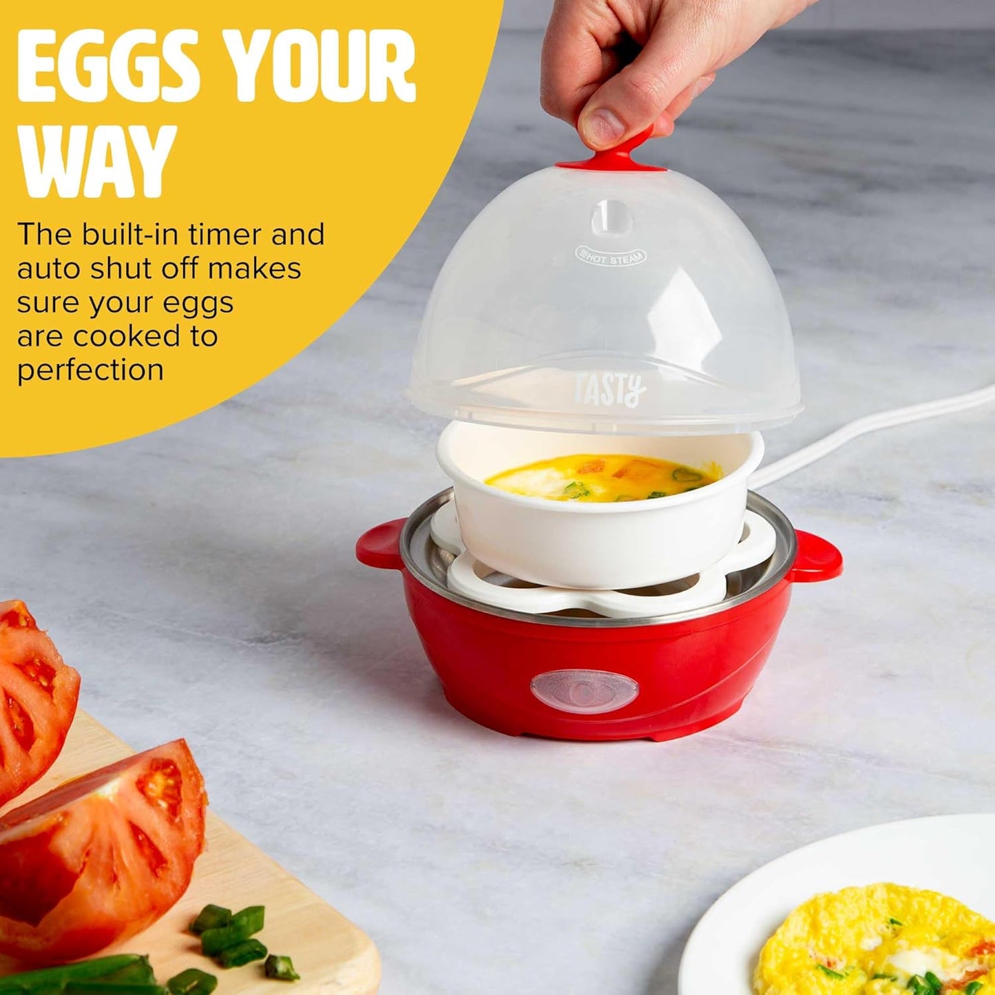 Tasty Mini Rapid Egg Cooker, 5-Egg Capacity for Perfect Hard Boiled Eggs or Omelets, Auto Shut Off, Red