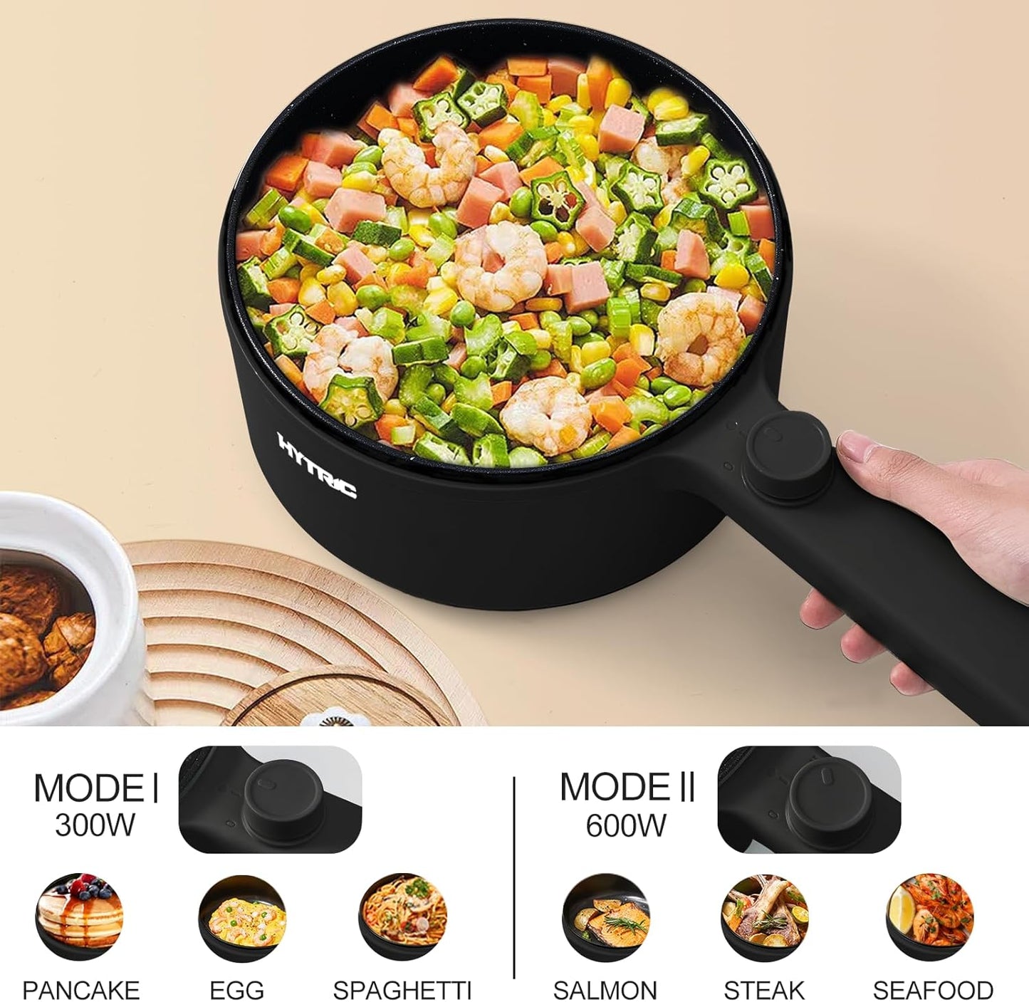 HYTRIC Hot Pot Electric, 1.5L Portable Non-stick Frying Pan, Electric Cooker for Steak, Egg, Pasta, Ramen Cooker with Dual Power Control, Mini Electric Pot for Office, Dorm Room Essential, Black