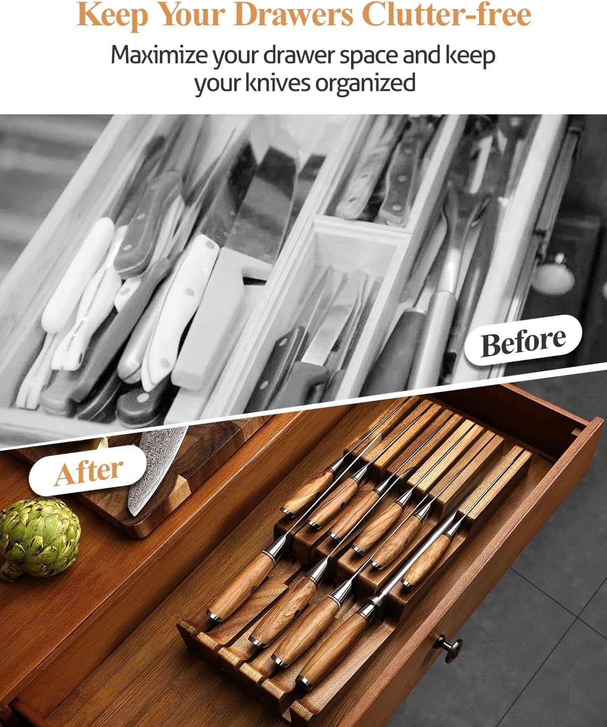 XINZUO In-drawer Knife Block, Natural Acacia Knife Drawer Oganizer, Insert-Kitchen Storage Holder, 11 Slots, Holds up to 11 Various Size Knives, Countertop Saving&Knife Protective