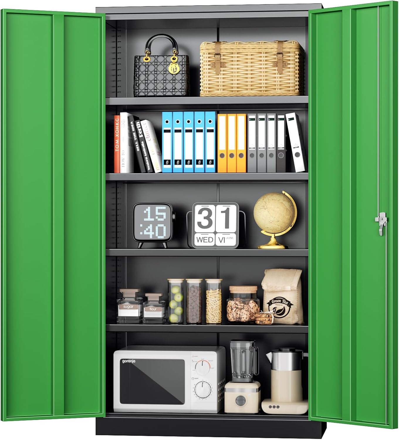 INTERGREAT Metal Storage Cabinet, 72" Locking Storage Cabinets with Doors and 4 Shelves, Tall Tool Storage for Garage, Steel Lockable Cabinet Metal Locker for Home Office, Black Green