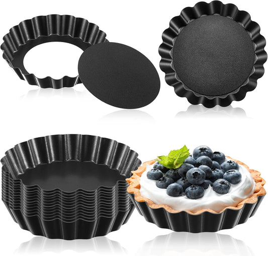 Tessco 16 Pieces Mini Tart Pans with Removable Bottom Nonstick Quiche Mini Pie Tart Pans Bakeware Mold Fluted Side for Pies(Black Gray Round,3 Inch)
