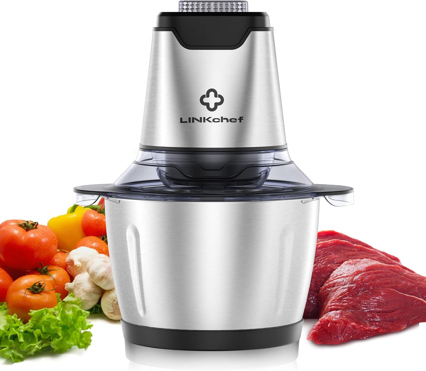 LINKChef Food Chopper, 5 Cup Food Processor Mini Electric, 1.2L 250W Meat Grinder with 4 Bi-Level Blades, Stainless Steel Mincer for Kitchen, Vegetable, Onion, Garlic, Salad, Baby Food, Fruit, Nuts