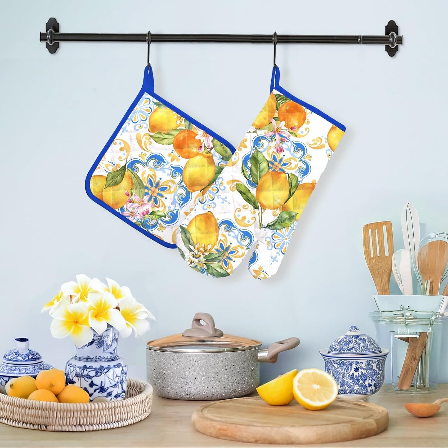 Summer Lemon Oven Mitts and Pot Holders Sets 2Pcs, 100% Cotton Heat Resistant, Extra Long Oven Gloves Potholder for Kitchen Cooking Baking Decoration