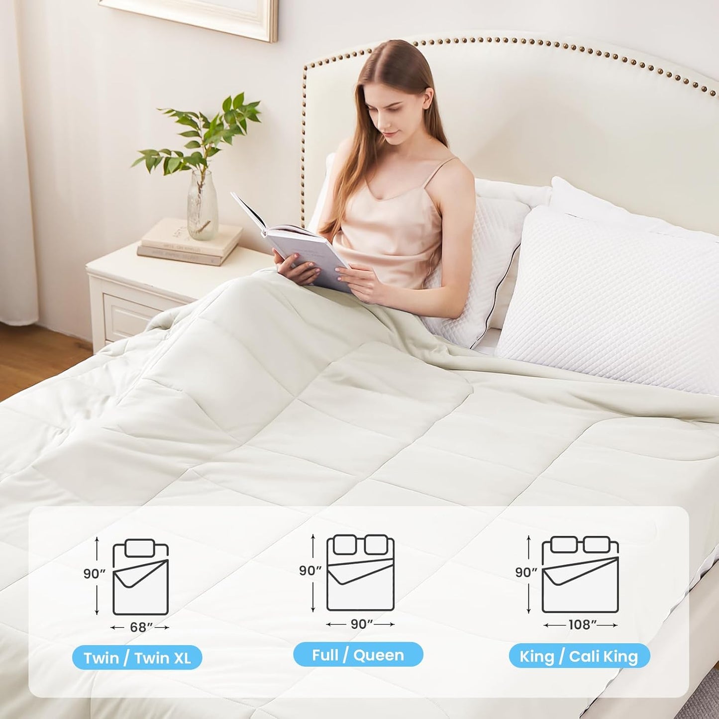 HYLEORY Cooling Comforter Twin Size - Summer Cooling Blanket for Hot Sleepers/Night Sweats, Double-Sided Cold Touch Silky Ice Comforters, Breathable Lightweight Beddings, Cool Cream, 68"x90"