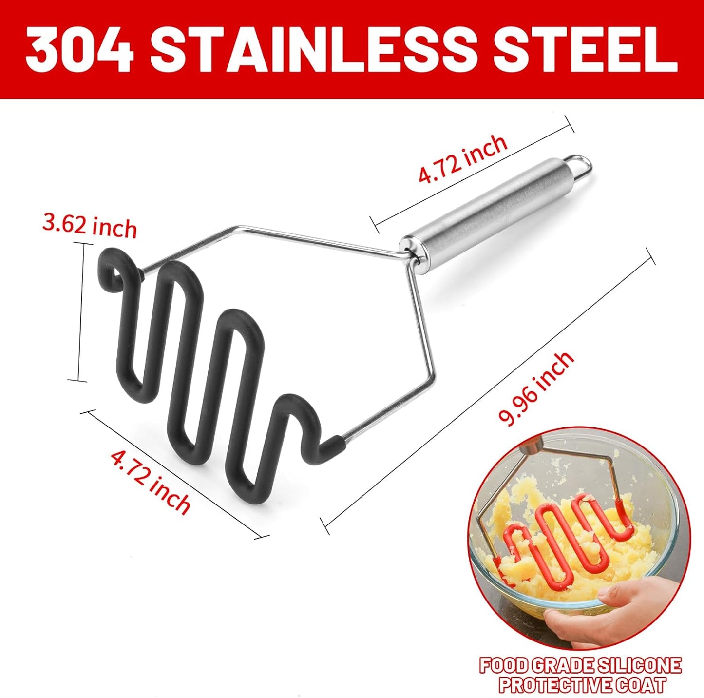 SHIKORI Non-Scratch Silicone Potato Masher Kitchen Tool, Potatoes Masher Potato Masher Stainless Steel Wrapped In Premium Silicone, Potato Smasher 2 Pcs-Black&Red