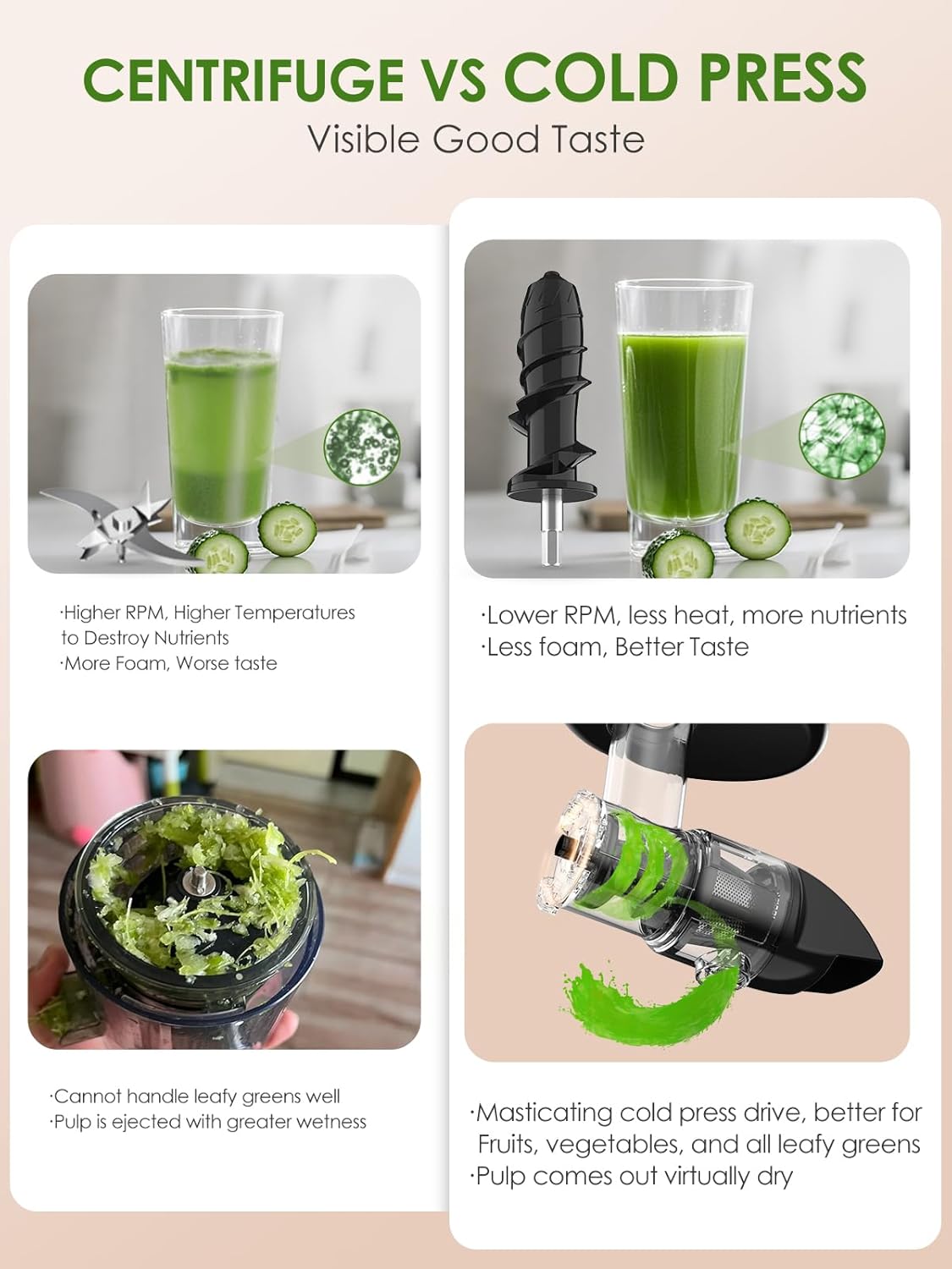 Vegetable Juicer for Celery Wheatgrass Spinach Ginger, Fruit Juicer Machines Slow Masticating Cold Press Juice Extractor Pulp Separated, Quiet Motor, Dishwasher Safe, Easy To Clean, BPA Free