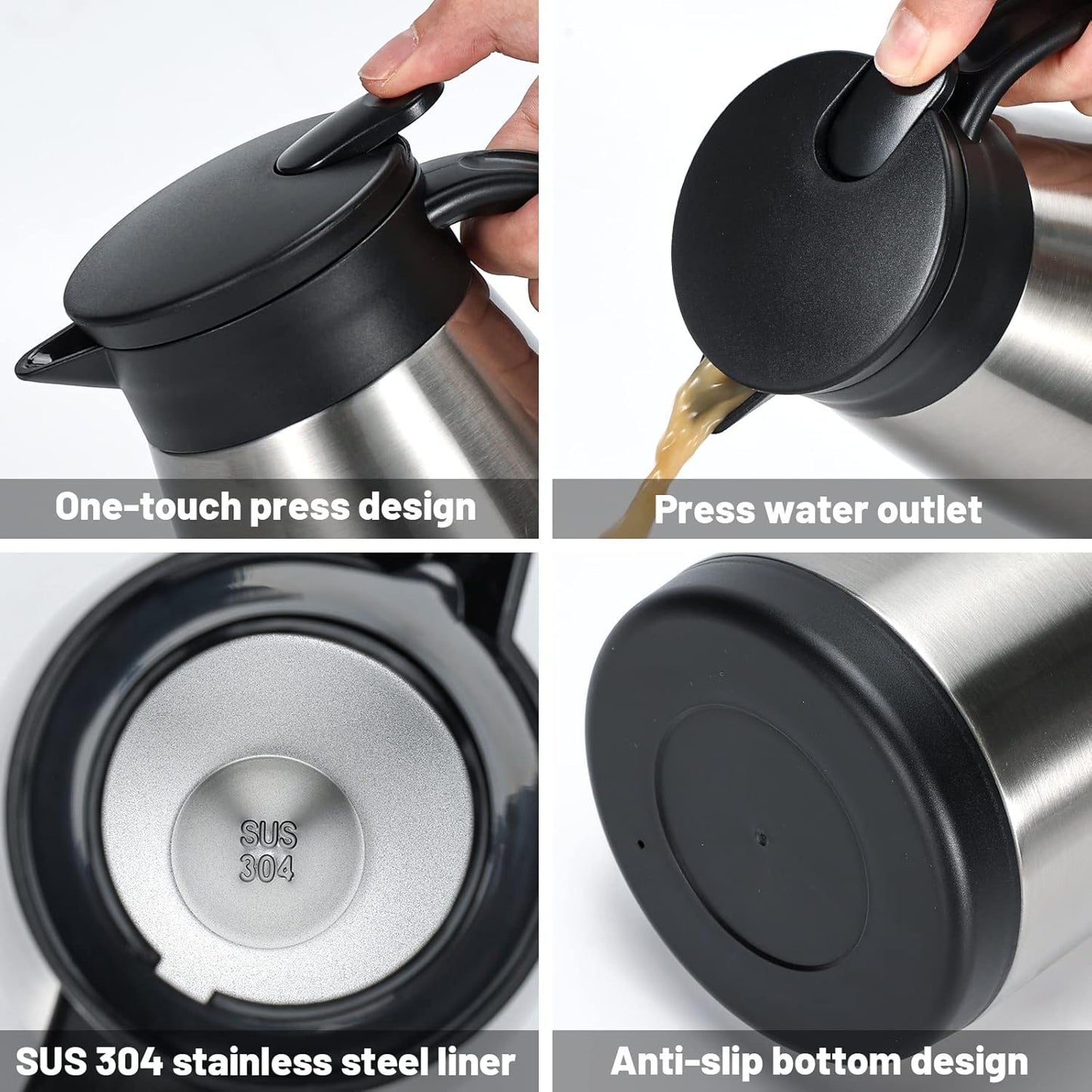 34 Oz Thermal Carafe, Insulated Stainless Steel Coffee Carafes for Keeping Hot Coffee & Tea for 12 hrs and Cold for 24 hrs, 1L/Silver