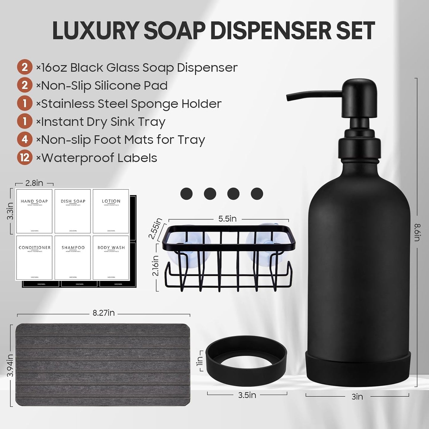 Kitchen Soap Dispenser Set with Instant Dry Tray & Sponge Holder,16 Oz Hand and Dish Soap Black Glass Dispenser Set,Stainless Steel Pump,Waterproof Labels,Luxury Soap Bottle for Bathroom