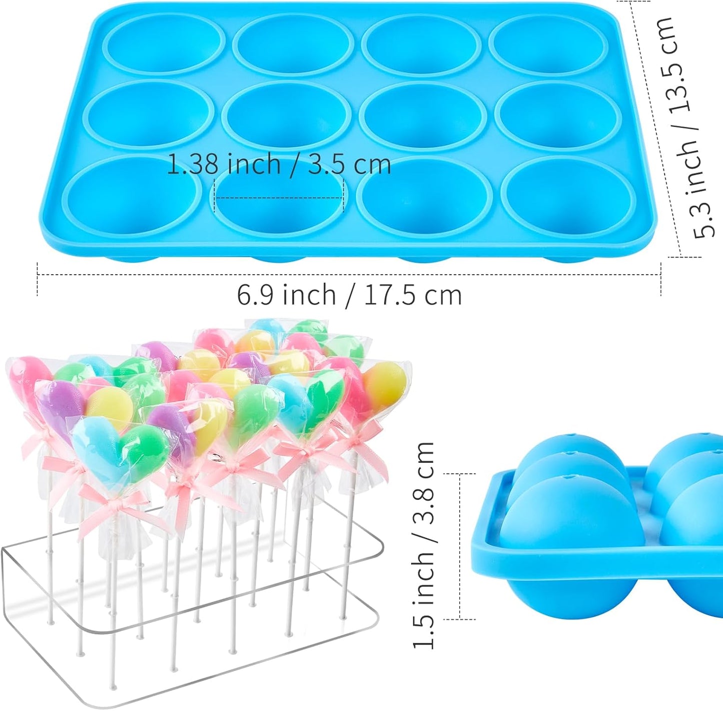 Kucoele Cake Pop Mold Set, Including 15 Hole Clear Acrylic Lollipop Display Stand Holder, 12 Cavity Blue Silicone Cake Pop Mold, Cake Pop Sticks Treats Bags and Twist Ties