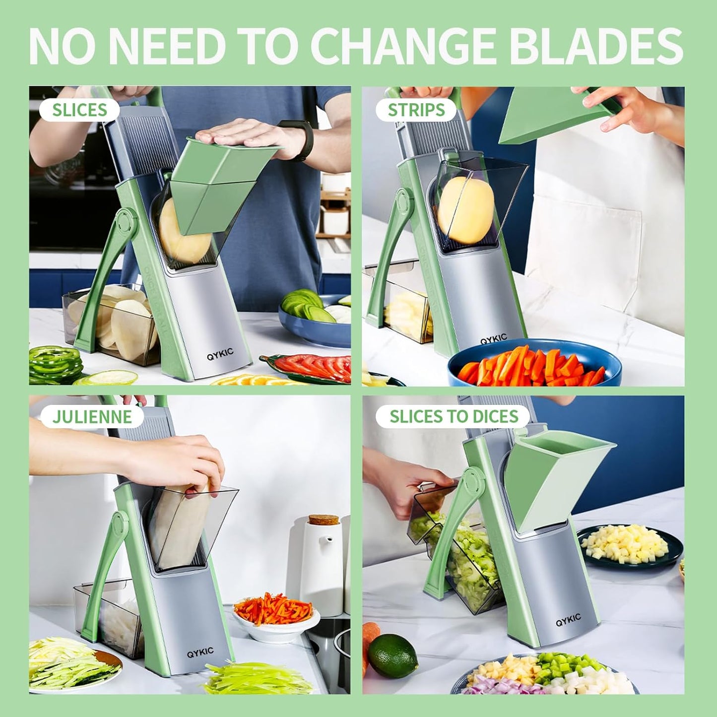Upgrade Safe Mandoline Slicer for Kitchen, Chopper Vegetable Cutter, Potato Slicer Thickness Adjuster, French Fry Cutter, Veggie Dicer Faster Kitchen Mandolin for Meal Prep Green
