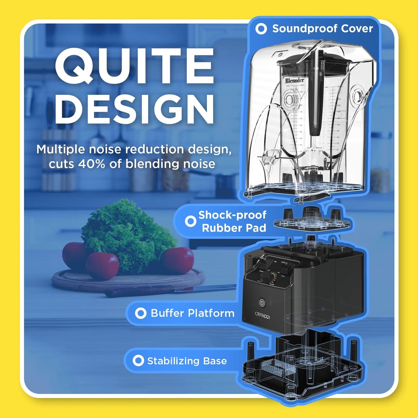 CRANDDI Quiet Commercial Blender with Soundproof Shield, 2200 Watt Professional Blenders for Kitchen with 80oz Jar and Self-Cleaning, High-Speed Blenders K90 Grey