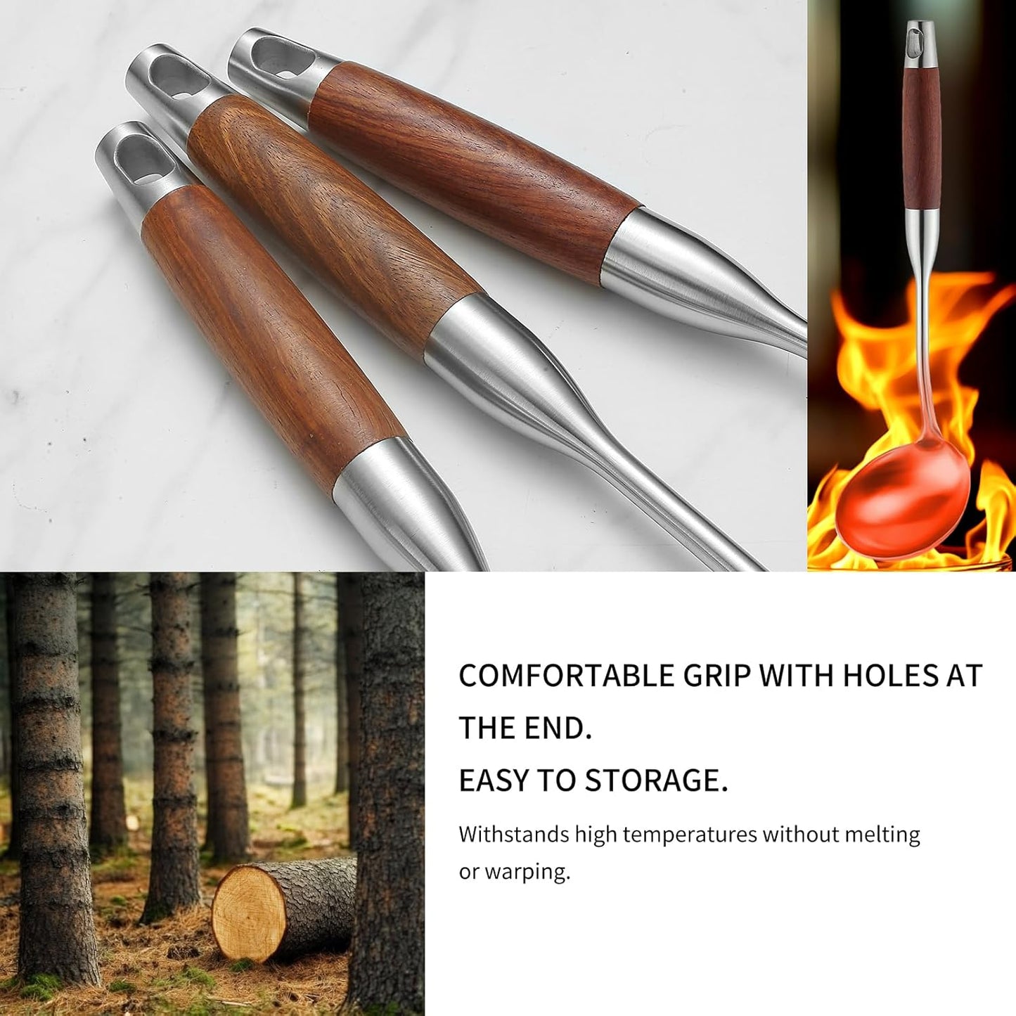 Stainless Steel Kitchen Utensils Set with Wood Handle, 18/10 Metal Cooking Utensils Set, 6-Piece - Spatula, Spoon, Ladle, Skimmer, Slotted Spoon, Pasta Server (Dishwasher Safe)