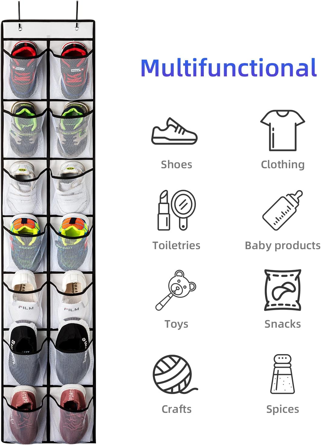 KEEPJOY Over the Door Shoe Organizer, Hanging Shoe Organizer with 4 Hooks, Shoe Holder with 14 Mesh Pockets Closet Door Shoe Storage Bag (White-2Pack)