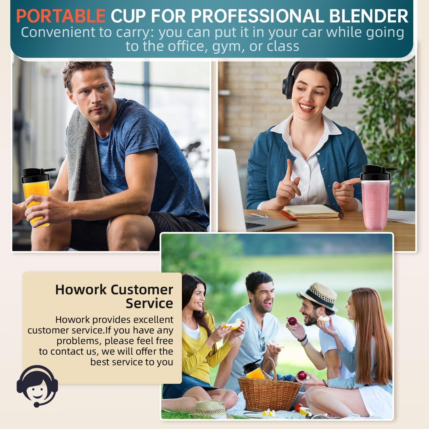 HOWORK Blender for Smoothies, 750W Personal Blender, 56 Oz Glass Jar, 16oz Portable Cups,2+p speed, 3 Functions for Smoothies, Frozen Drinks & Ice Cream,Black