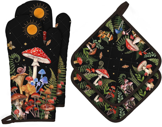 Mushroom Grass Oven Mitts and Pot Holders Sets 4Pcs, 100% Cotton Heat Resistant, Extra Long Oven Gloves Potholder for Kitchen Cooking Baking Decoration