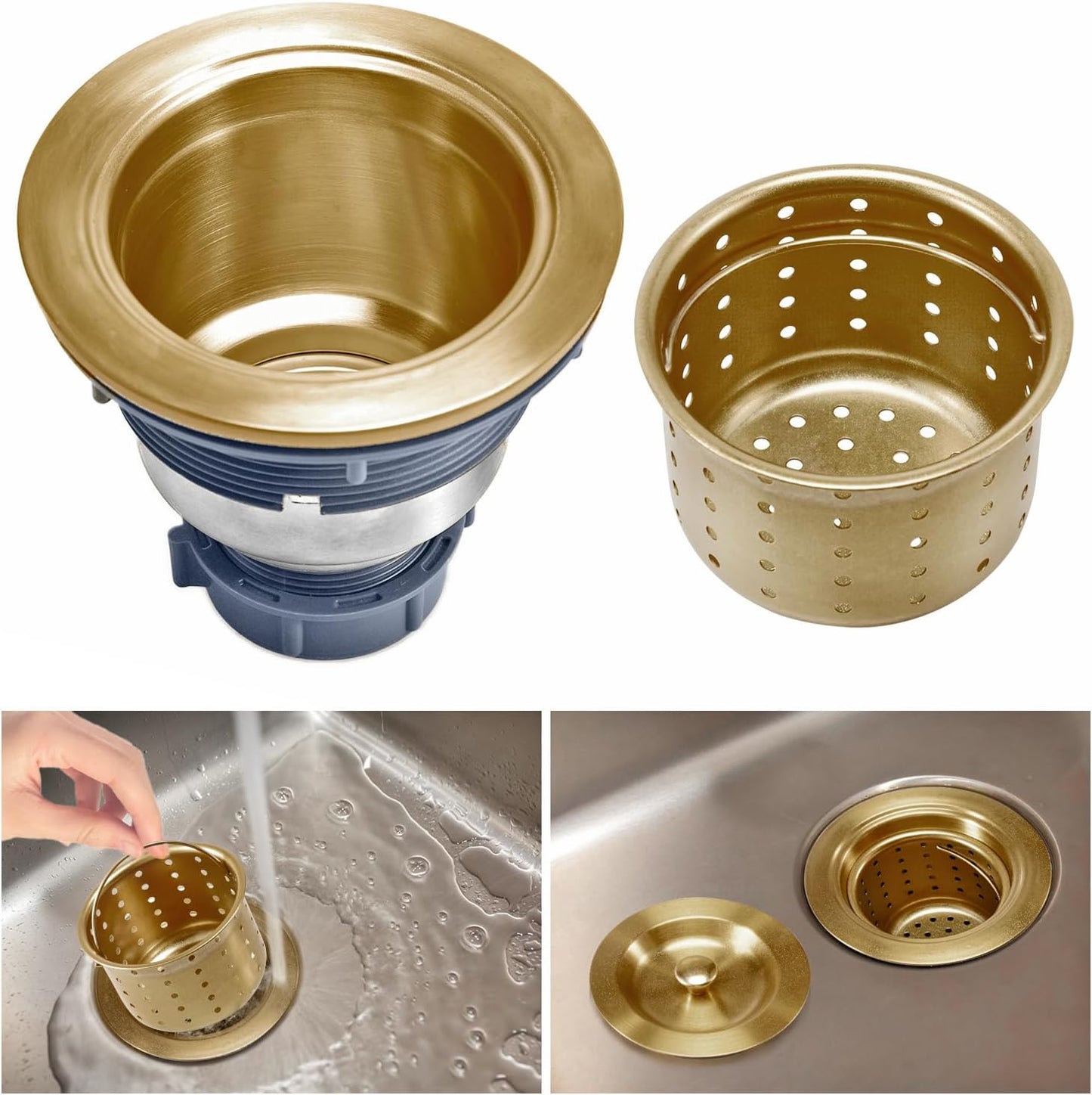 KONE 3-1/2 Inch Gold Sink Drain, Durable Stainless Steel Brass Kitchen Sink Drain Assembly Kit with Sink Strainer Waste Basket/Strainer Assembly/Sealing Lid for Standard Kitchen Sink