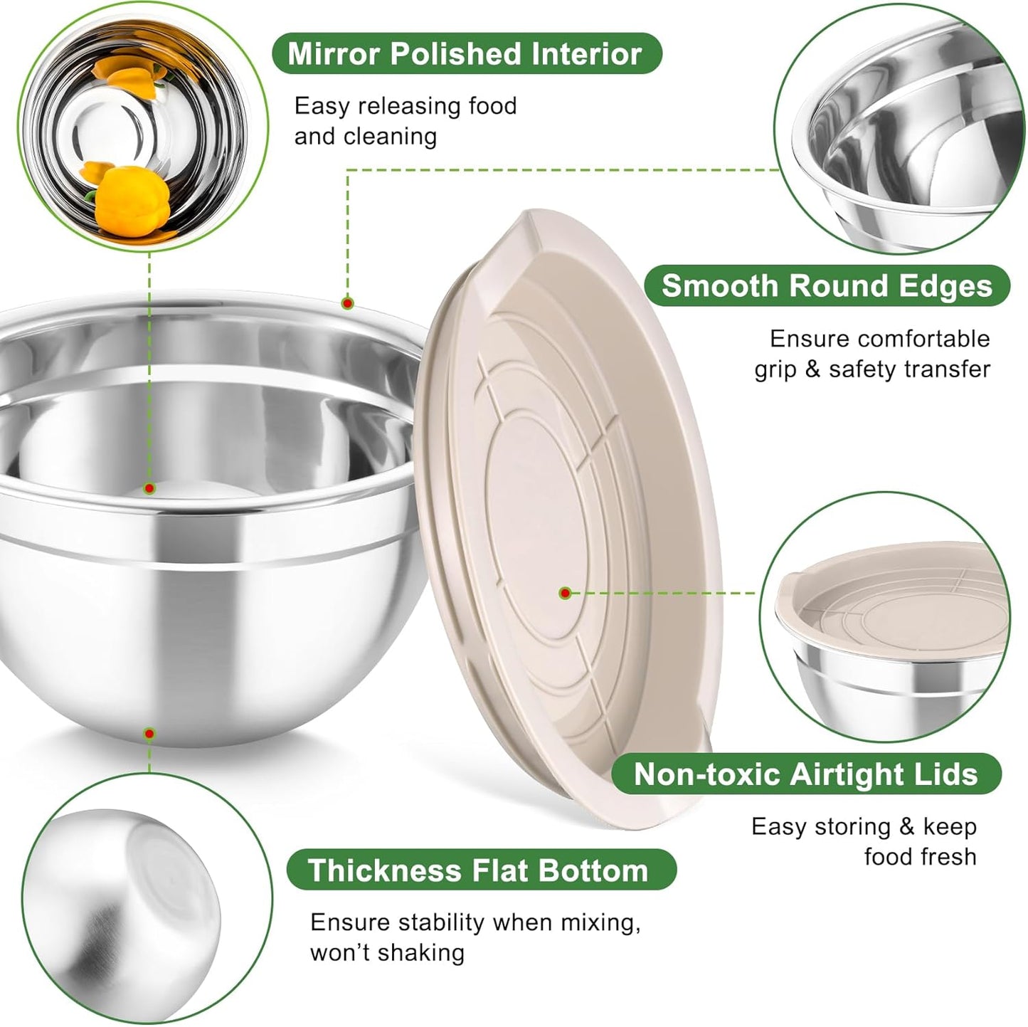 TeamFar Mixing Bowls with Airtight Lids, 5PCS Stainless Steel Metal Salad Bowl with 3 Grater Attachments, for Cooking, Prepping, Serving, Healthy & Easy Clean - 0.7/1/1.5/2.6/4.6QT, Khaki