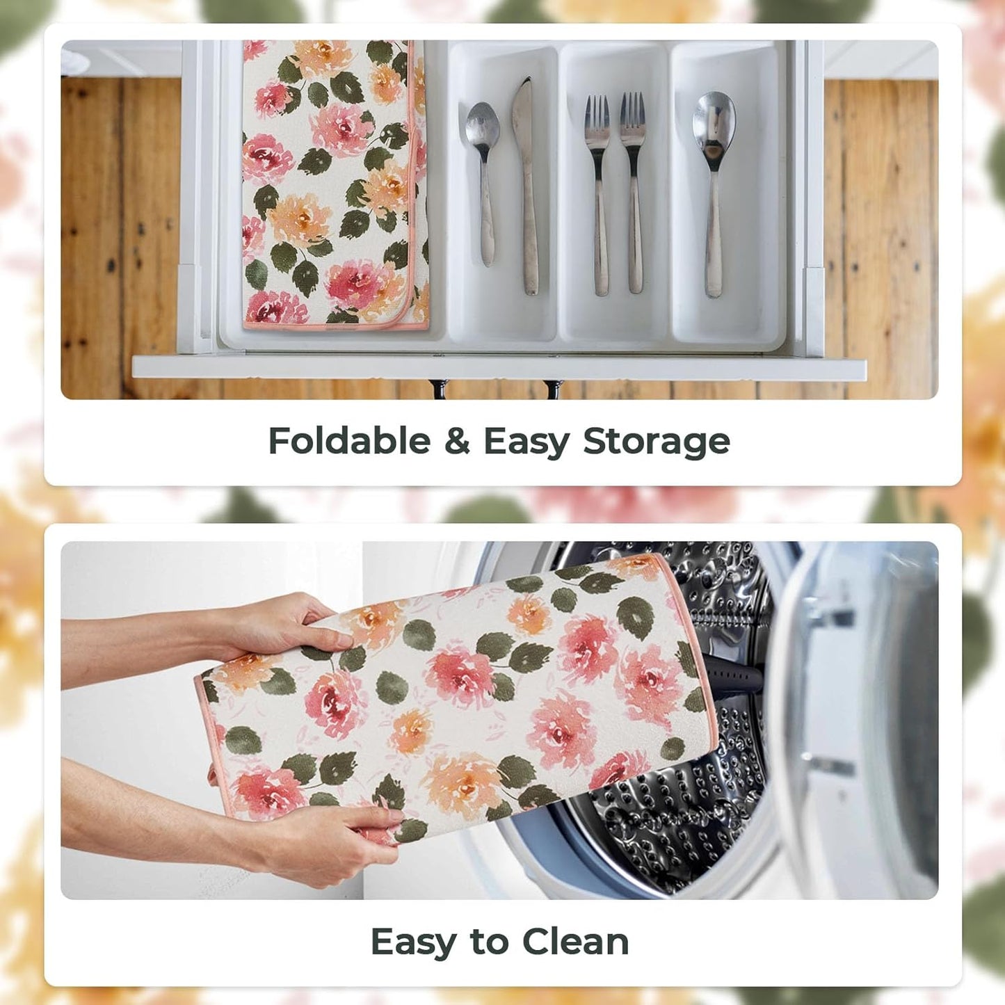 FRESHMINT Printed Dish Drying Mats for Kitchen Counter 2 Pack Absorbent Reversible Drying Mats Microfiber Kitchen Countertop Protector Dishes Drying Pad Extra Large 18"x16" Dish Mat (Floral)