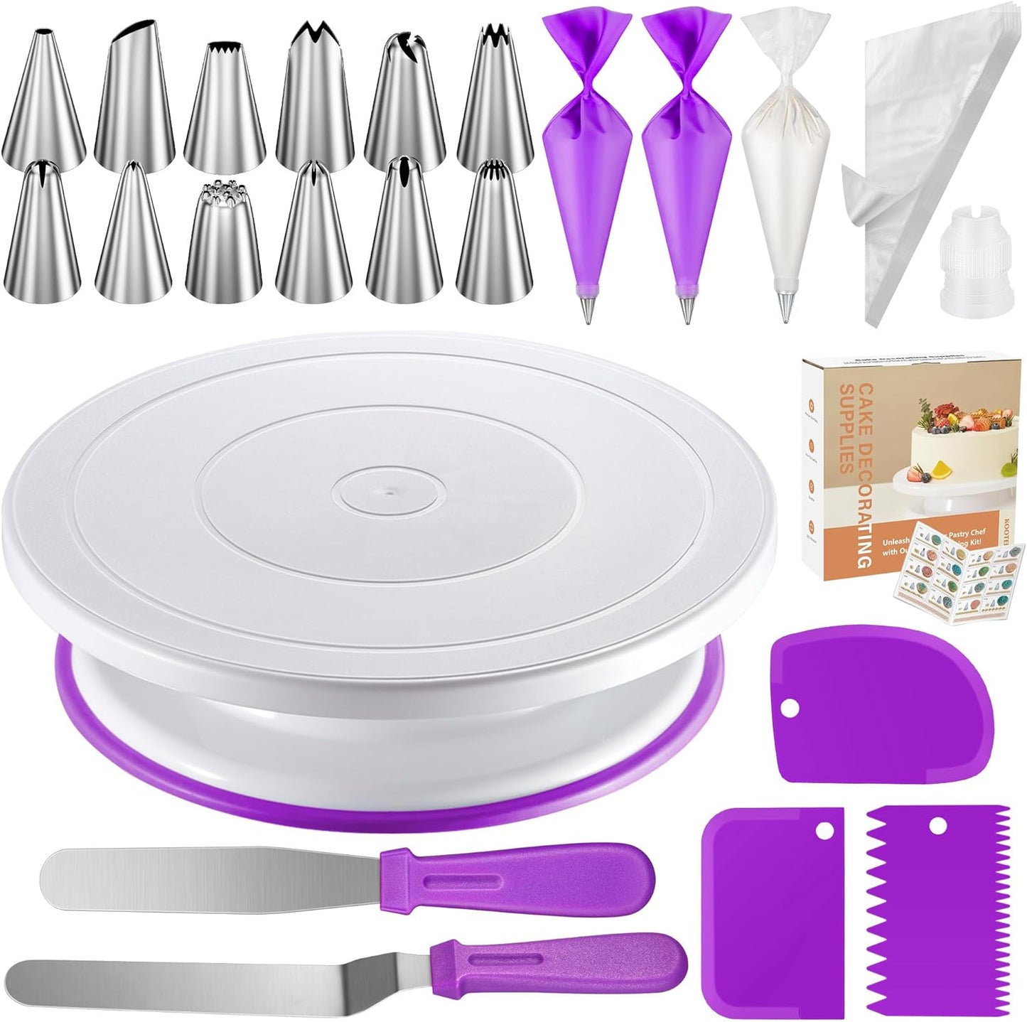 Kootek 71PCs Cake Decorating Kit, Baking Supplies Tools - Includes Cake Stand Turntable, 12 Icing Piping Tips, 2 Frosting Spatulas, 3 Scrapers, 50+2 Piping Bags, Coupler, Video Tutorial, Booklet