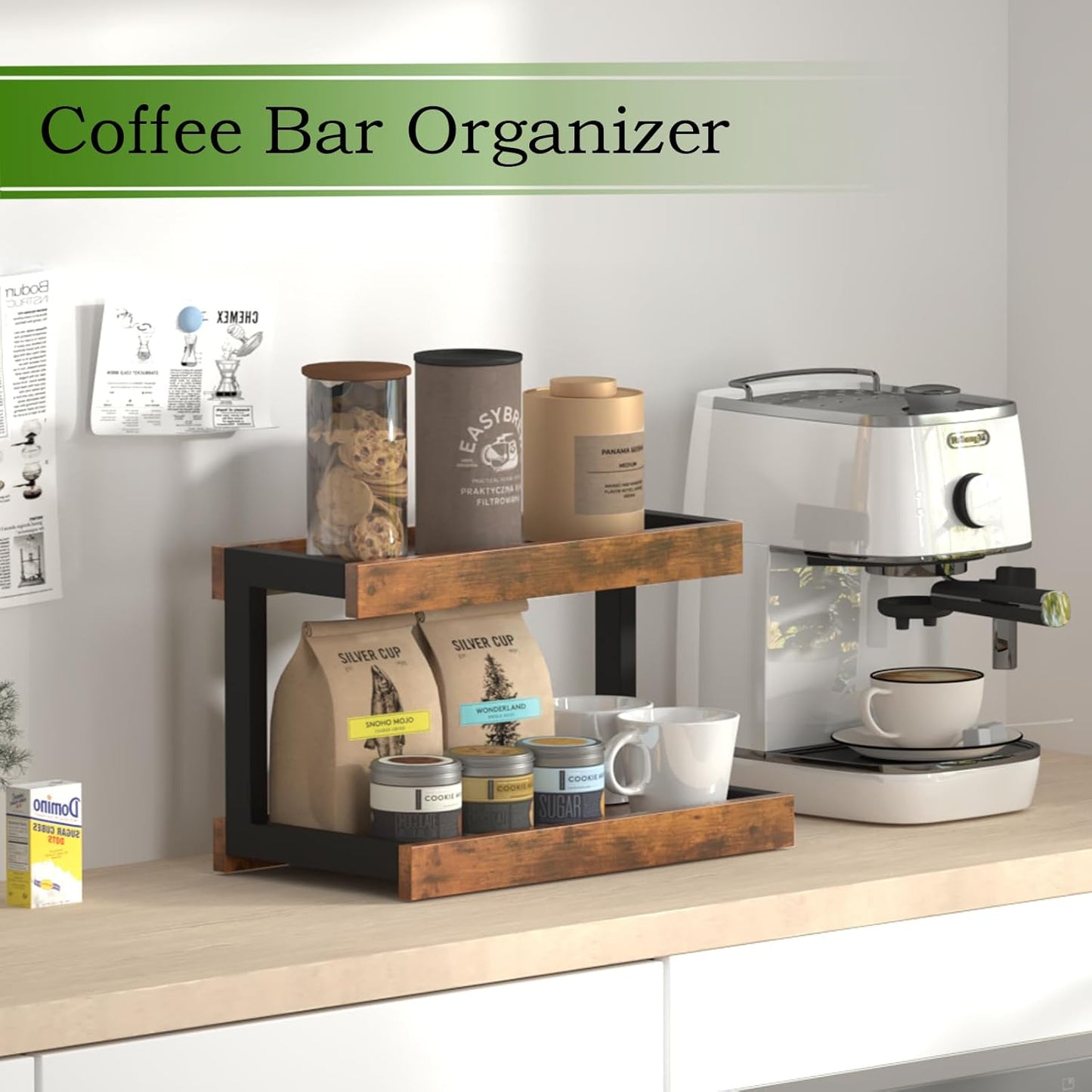 MARTY 2 Tier Spice Rack Organizer for Countertop, 15.8''L Coffee Station/Bathroom Organizer Countertop, Counter Shelf Desktop Storage Organizer for Kitchen, Bedroom, Office (Rustic Brown)