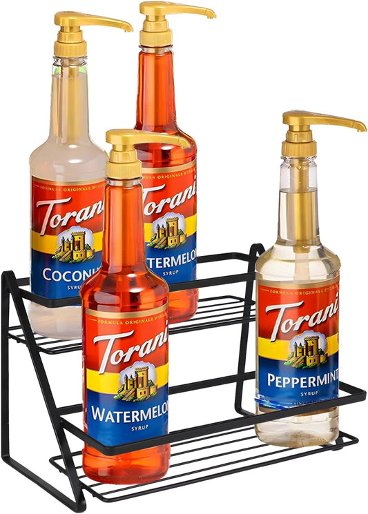 2-Tier Coffee Syrup Rack Organizer 6 Bottle Capacity,Sturdy Metal Storage Shelf for Coffee Bar,Multi-Use Kitchen Wine Rack for Syrups, Dressings, Condiments