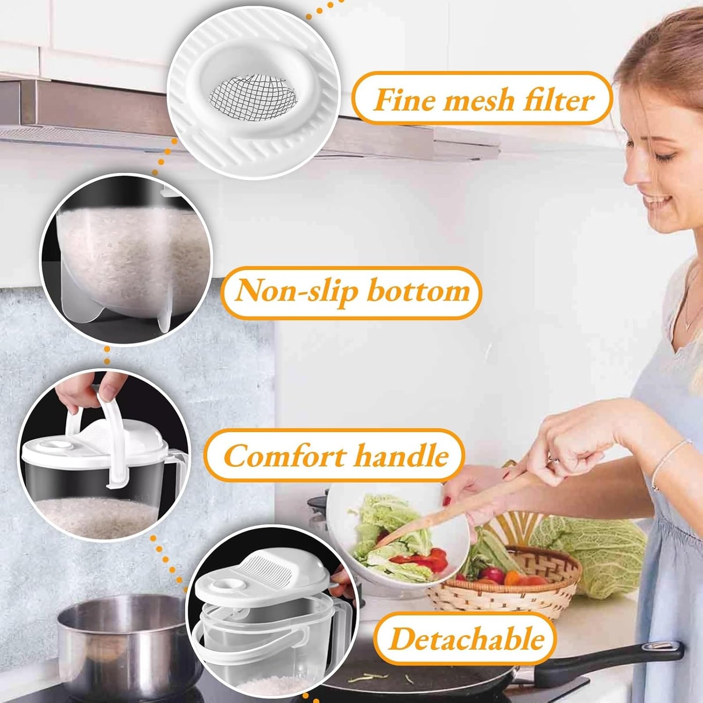 Rice Washer Strainer Bowl, Portable Rice Cleaner Strainer, Kitchen Colander with Handle for Rice, Beans, Grapes and Small Tomatoes