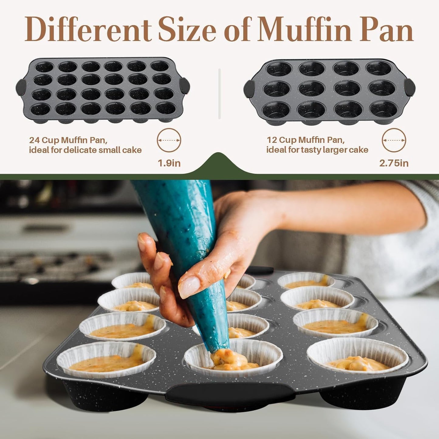 11-Piece Nonstick Baking Pan Set, Stackable Bakeware Sets, Oven Pans for Baking with Silicone Handles, Includes Cookie Sheet, Cake Pans, Loaf Pan, Pizza Pan, Muffin Pan, Black