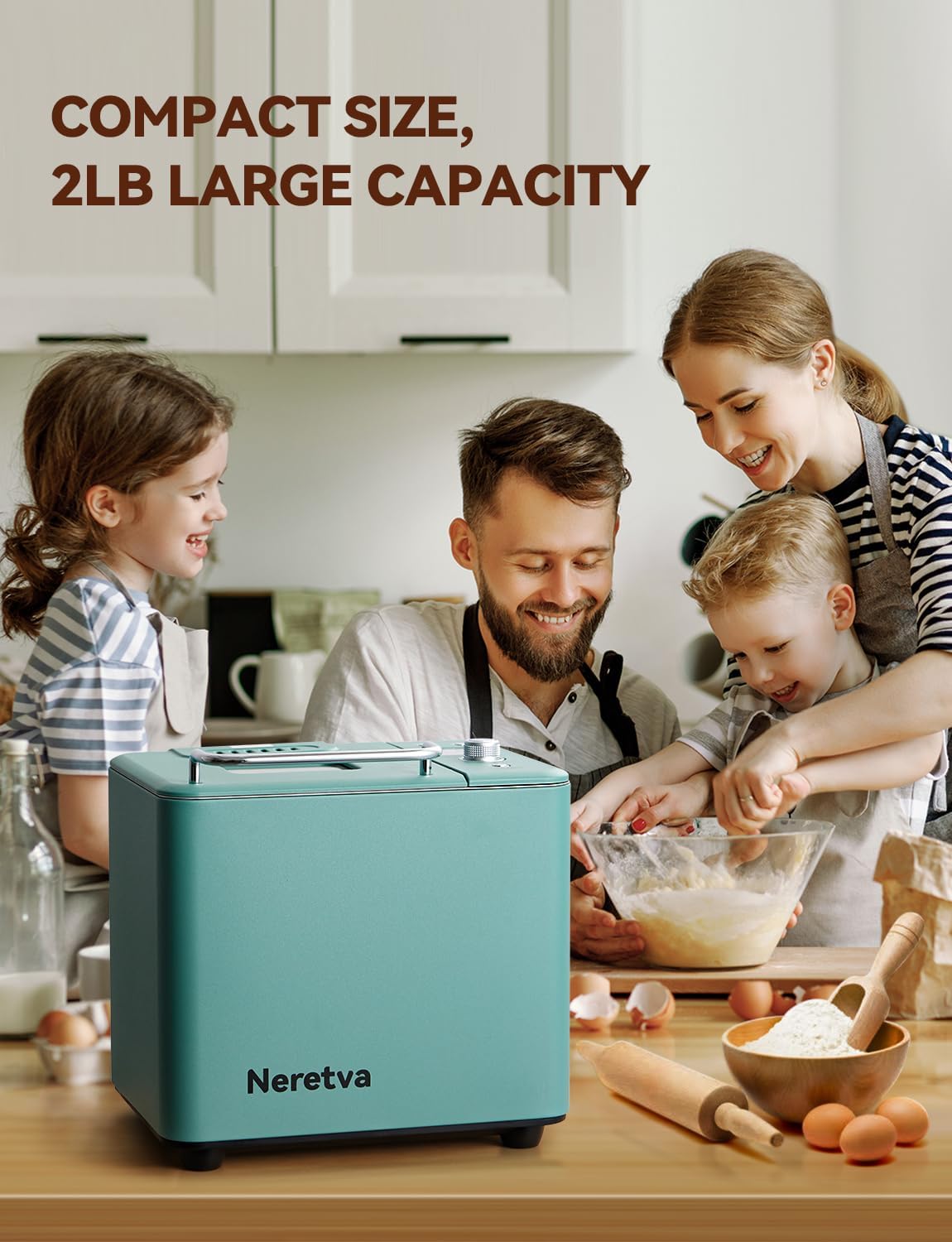 Neretva Bread Maker, 20-IN-1 2LB Bread Machine Dual Heater Bread Maker Machine Automatic with Nonstick Ceramic Pan, 15H Timer & 1H Keep Warm Set, Low Noise, Stainless Steel Breadmaker Recipe-Green