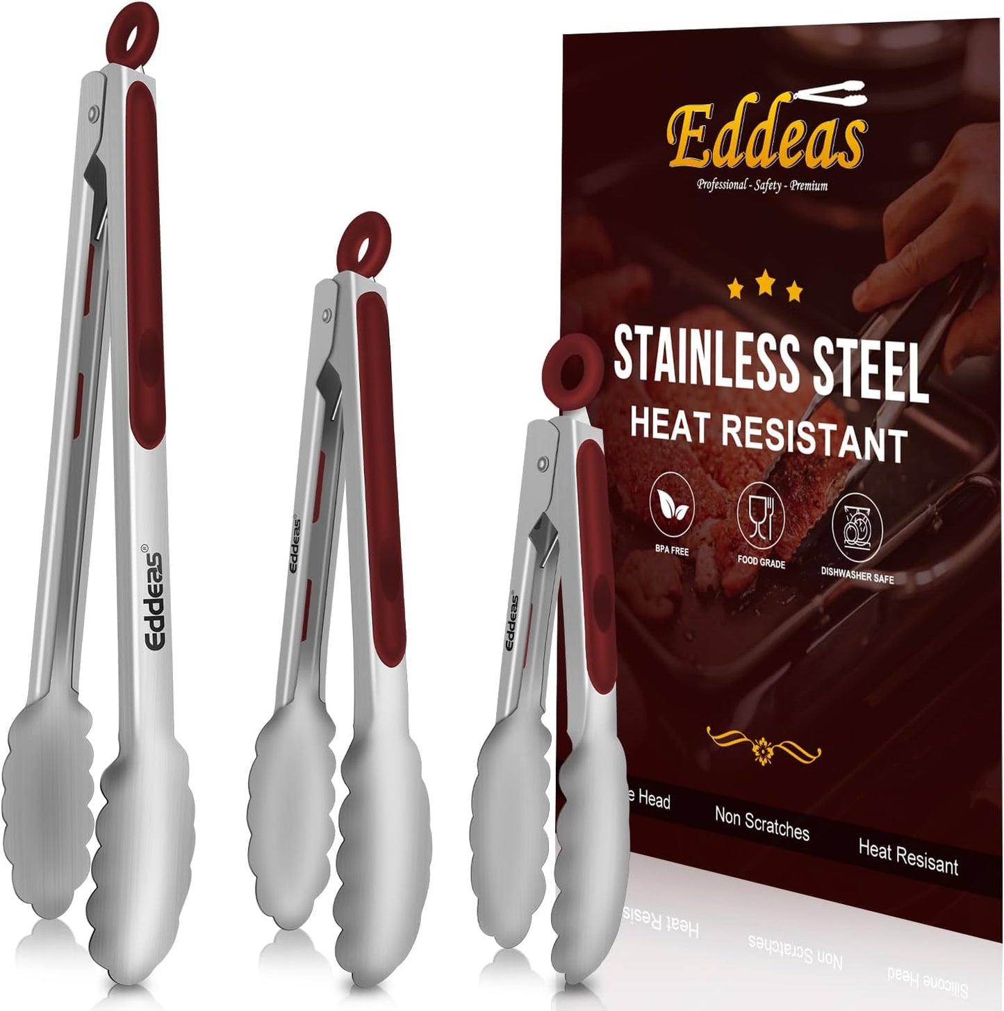 Tongs For Cooking - 7",9" and 12 inch Kitchen Tong Heat Resistant 600 Degrees Stainless Steel Tongs, Heavy Duty Metal Locking Tong, Perfect for Food, BBQ Red Set of 3