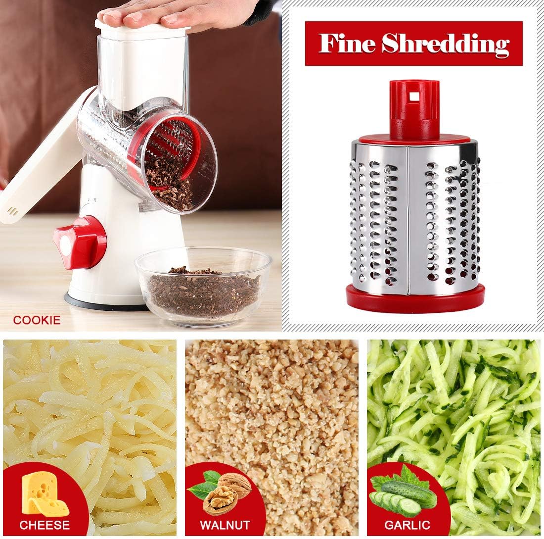 Ourokhome Rotary Cheese Grater Hand Crank, Kitchen Shredder Speed Mandolin Slicer Nuts Grinder with Handle and Drum Blades for Cheese, Vegetable, Chocolate, Potato, Carrot, 3 Blades, White Red