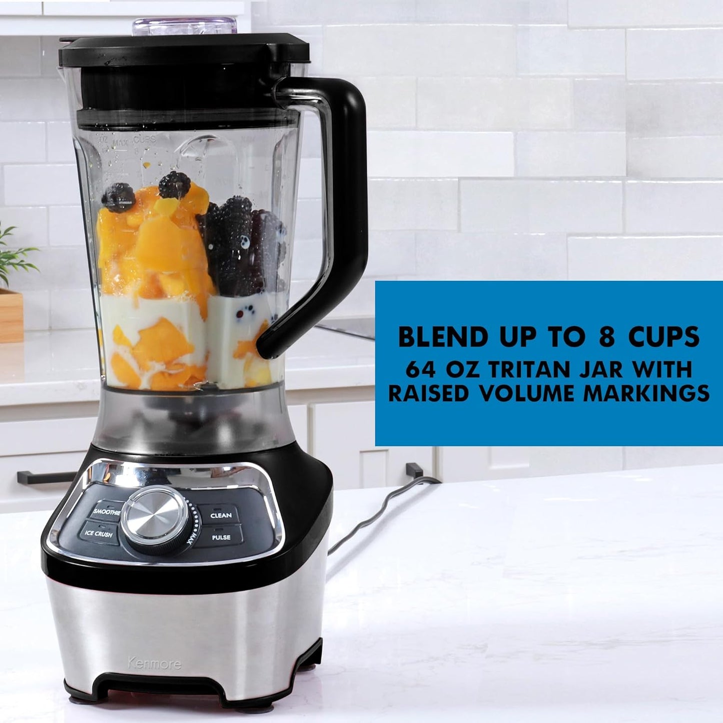 Kenmore Countertop Blender - Electric Mixer, Frozen Smoothie, Shakes, Milkshake, Puree Maker, Licuadora Grinder Kitchen Appliance With Ice Crush & Pulse Function, Dishwasher Safe Glass Pitcher, Black