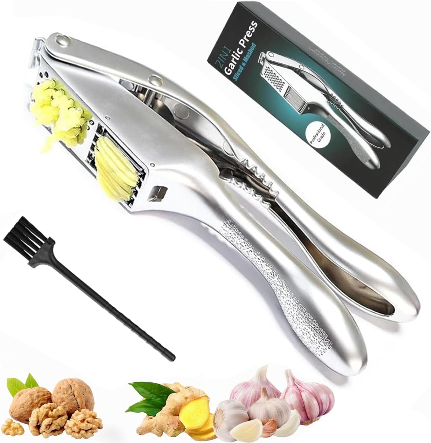 Garlic Press and Slicer 2 in 1, Rust Proof & Dishwasher Safe Professional Garlic Mincer Tool, Effortlessly Crush and Mince Garlic with this Ergonomic Handle-Garlic Peeler & Brush ANCQMI(Pear white)