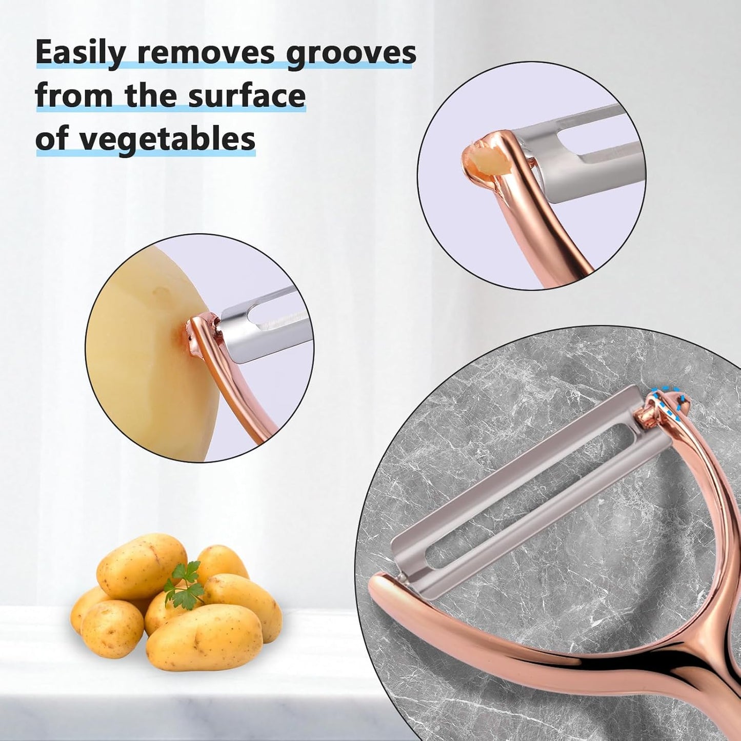 LIIGEMI Effortless Y Peeler with Sharp Stainless Steel Blades for Apples, Cucumbers - Ergonomic Handle for Easy Potato Eye removal, Perfect for Cooking Enthusiasts and Kitchen Novices（Rose Gold ）