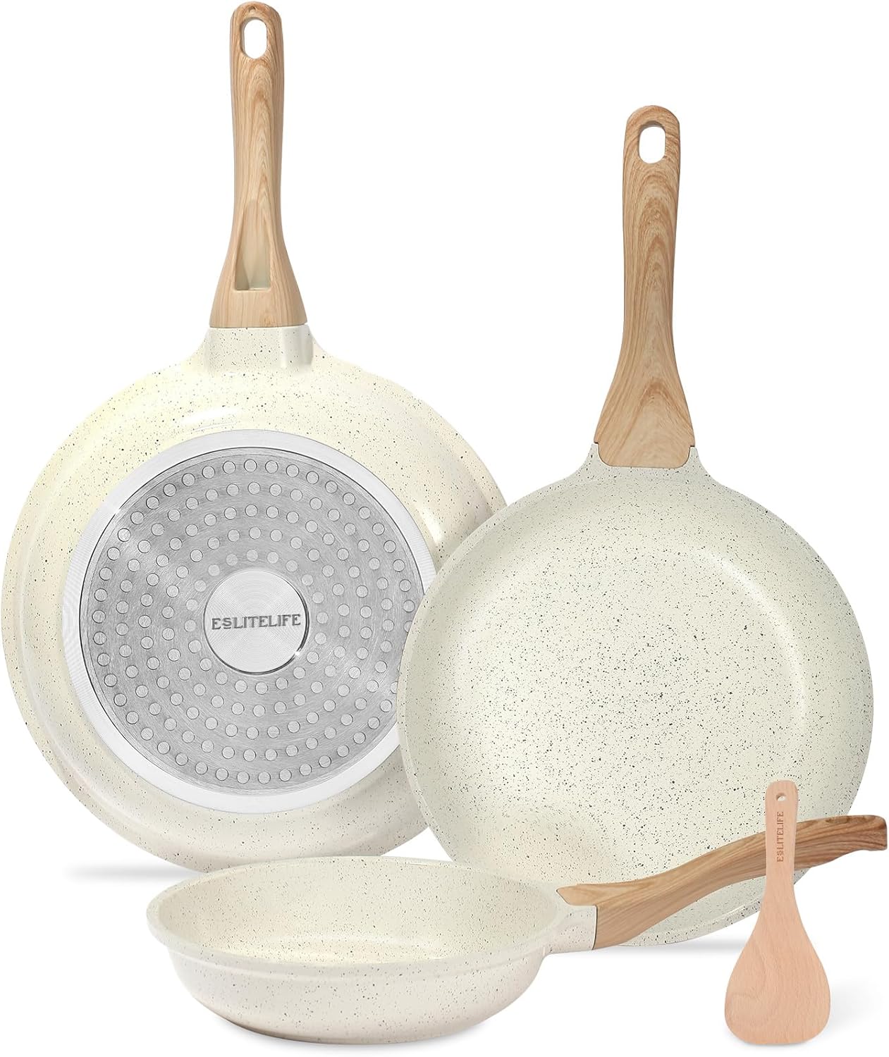 ESLITE LIFE Nonstick Ceramic Frying Pans Skillets Set, Non-Toxic Egg Omelette Kitchen Cooking Pans Compatible with All Stovetops (Gas, Electric & Induction), PTFE & PFOA Free (White)