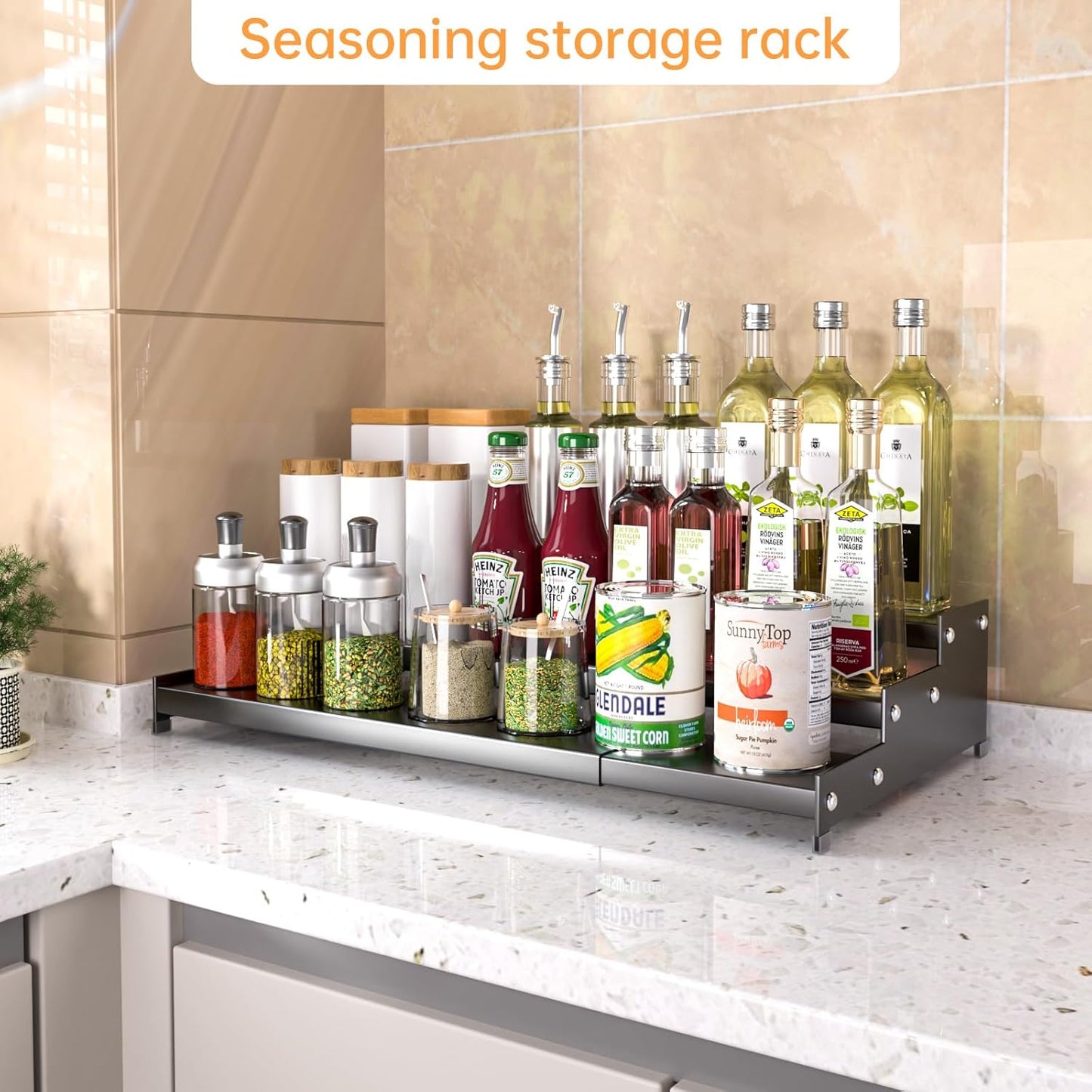 Premium Spice Rack Organizer for Countertops - 3-tier space-saving kitchen organizer for spice jars, oil bottles and utensils 1 Pack Grey (modern rust-resistant design)