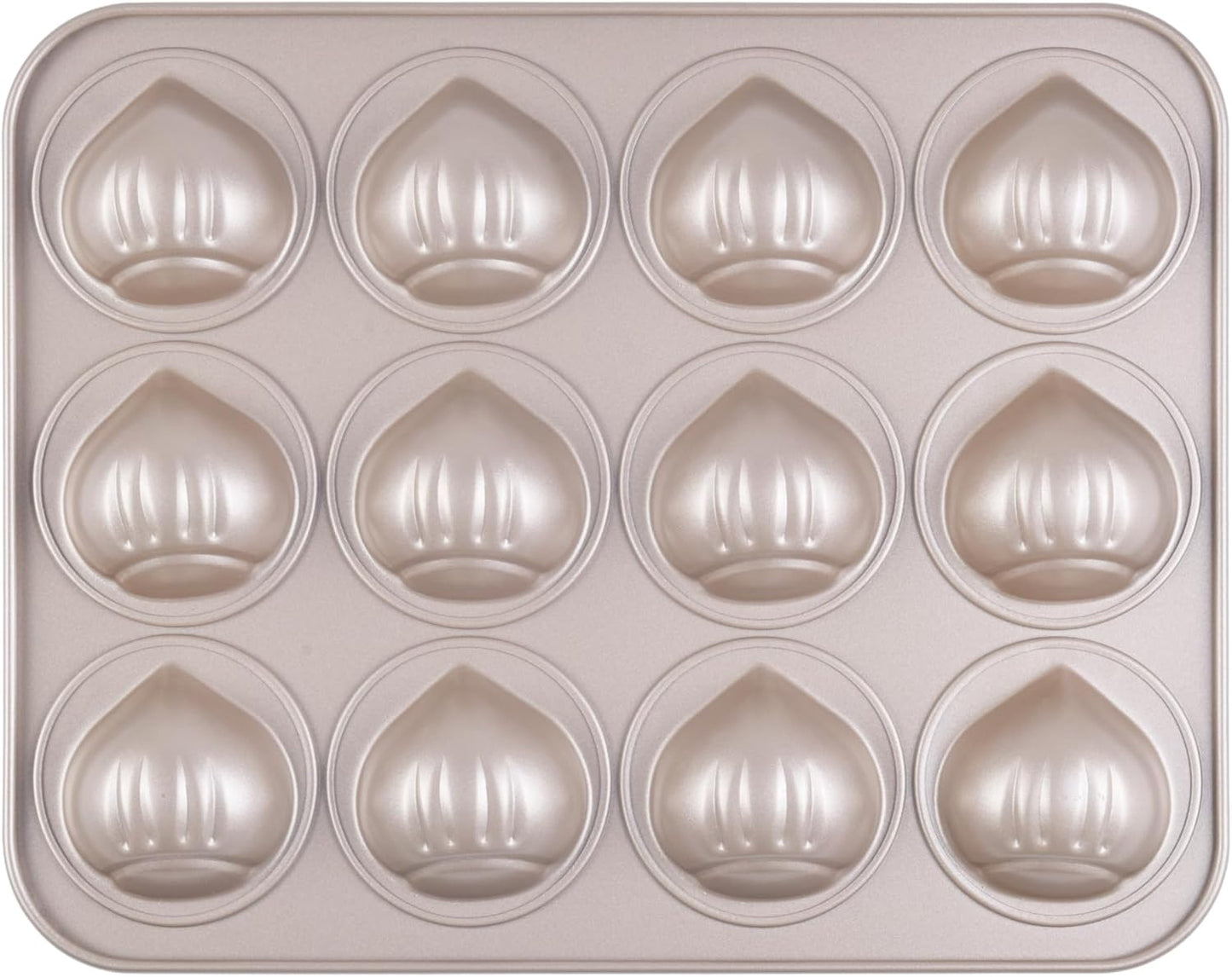 Muffin Cake Pan, Non-Stick 12-Cavity Chestnut-Shaped Bakeware for Oven Baking (Champagne Gold)