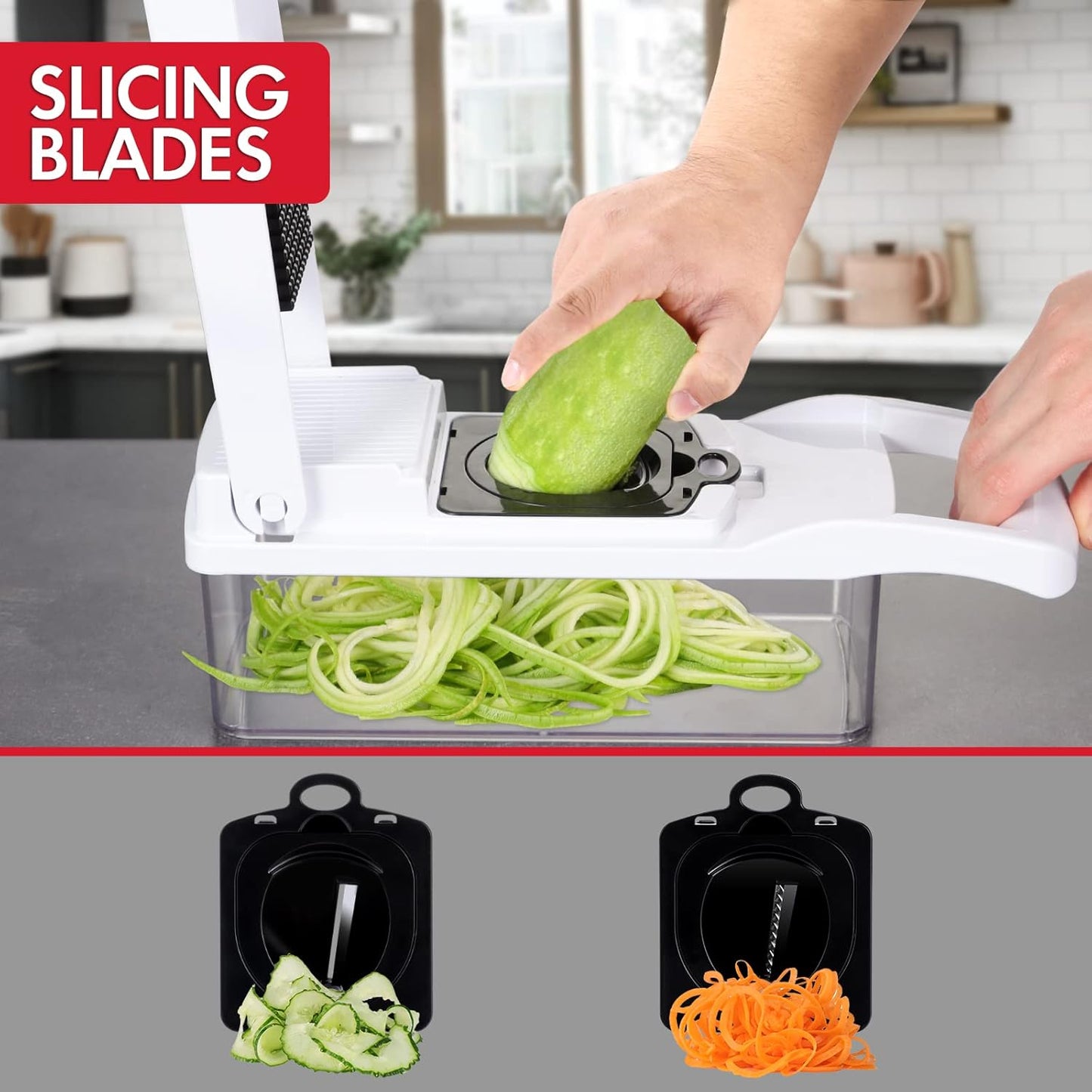 Ourokhome Vegetable Chopper Onion Cutter, 14 in 1 Professional Mandoline Slicer for Kitchen, Multifunctional Food Chopper for Potato, Tomato, Veggie with Strainer Basket, 10 Blades, Black