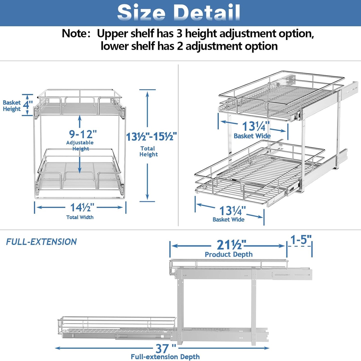 ROOMTEC Individual Pull Out Cabinet Organizer (14½" W x 21½" D), 2 Tier Spice Rack Organizer for Cabinet, Slide Out Drawer Pantry Shelf Organization and Storage for Kitchen Bathroom