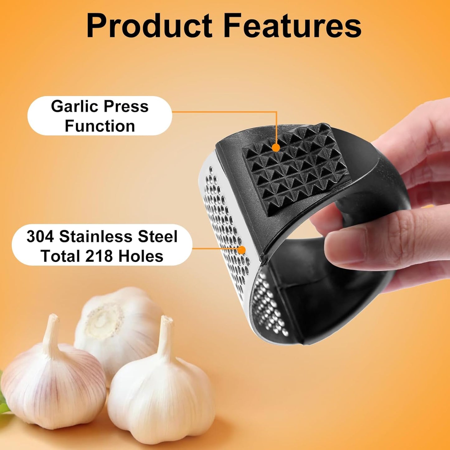 2Pcs Garlic Press Rocker, Stainless Steel GarlicMincer and Garlic Crusher, Easy-Squeeze GarlicTool (black+black)