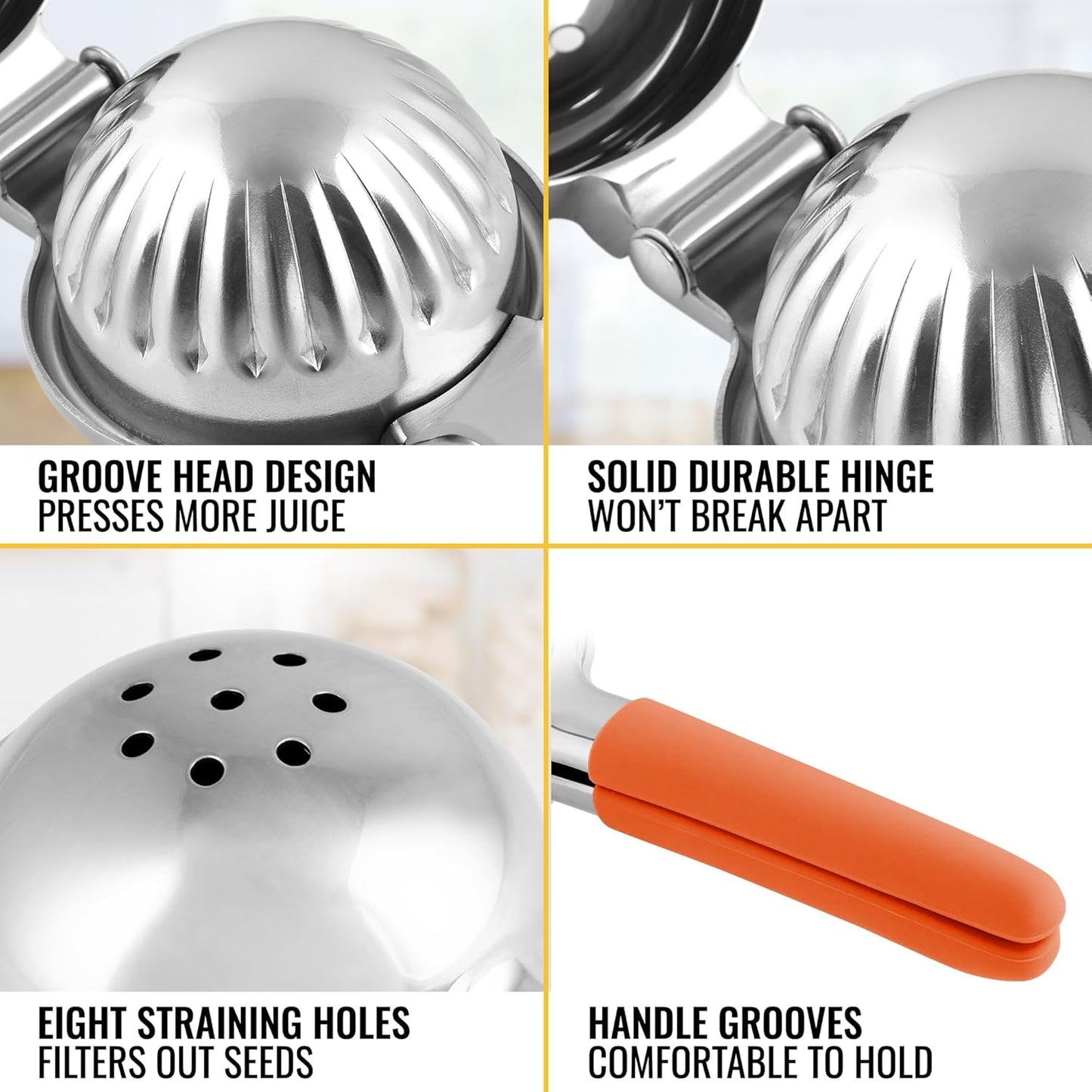 Zulay Lemon Squeezer Stainless Steel with Premium Heavy Duty Solid Metal Squeezer Bowl and Food Grade Silicone Handles - Large Manual Citrus Press Juicer and Lime Squeezer Stainless Steel (Orange)