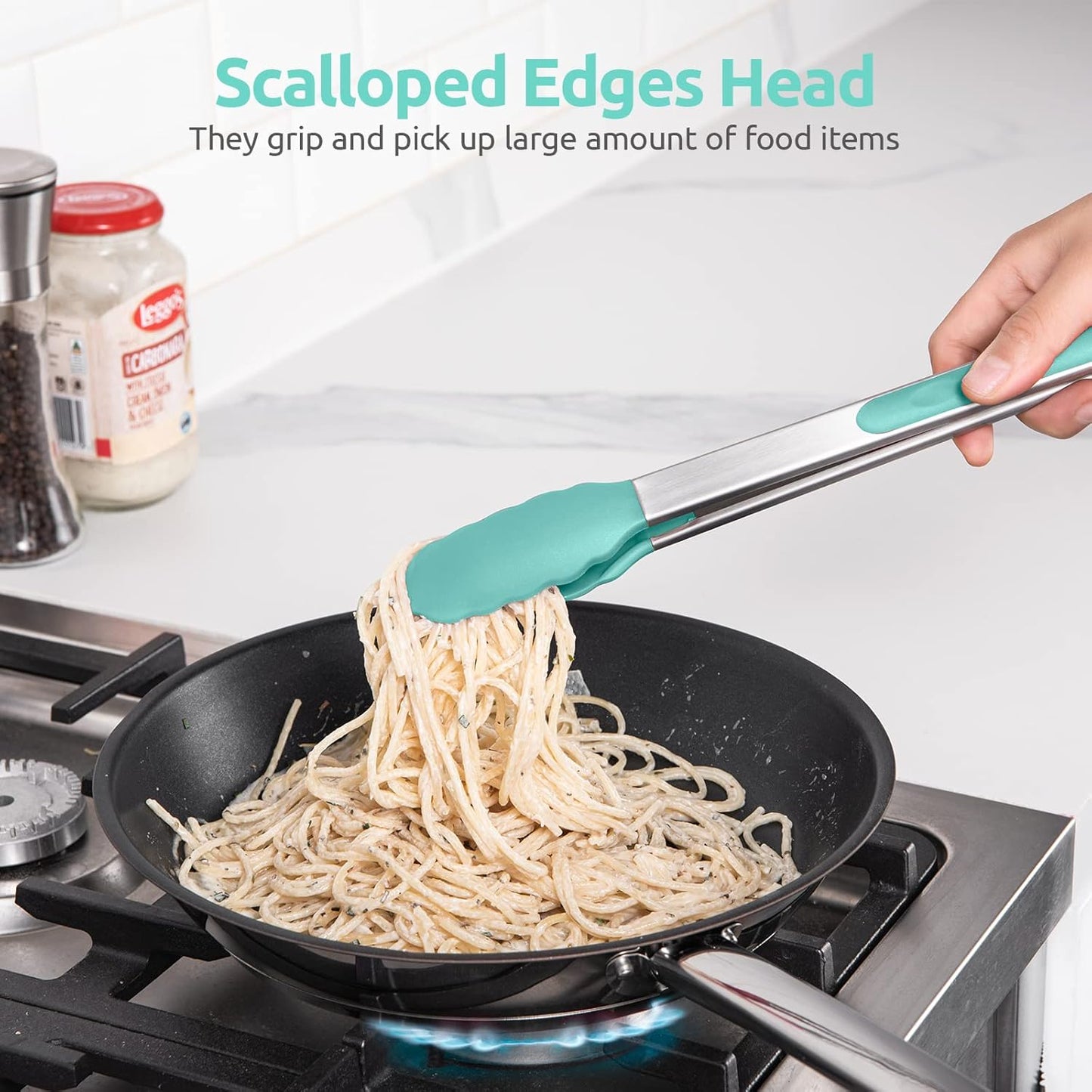 Heat Resistant Silicone Kitchen Tong: U-Taste 12 inch Large 480ºF Hot Proof Cooking Tong with Sturdy Non Stick Rubber Tips & Silicon Coated Steel Handle & Smooth Locking for Serving Salad (Aqua Sky)