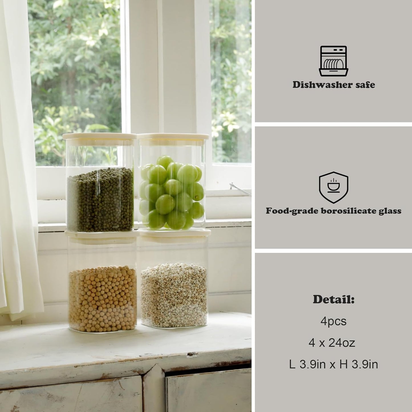 4pcs 25oz Square Pantry Glass Jars with Clear Airtight Lids Kitchen Canisters Sets for Flour, Sugar Refrigerator Safe, Patent Approved