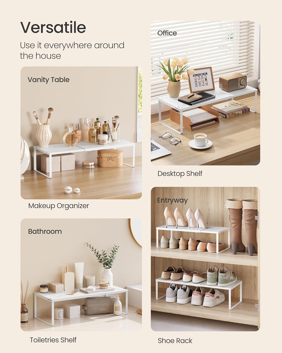 SONGMICS Expandable Pantry Kitchen Organizers, Adjustable Spice Rack, Stackable Cabinet Organizers, Metal, Space-Saving Tabletop Shelves, Matte White UKCS007W01