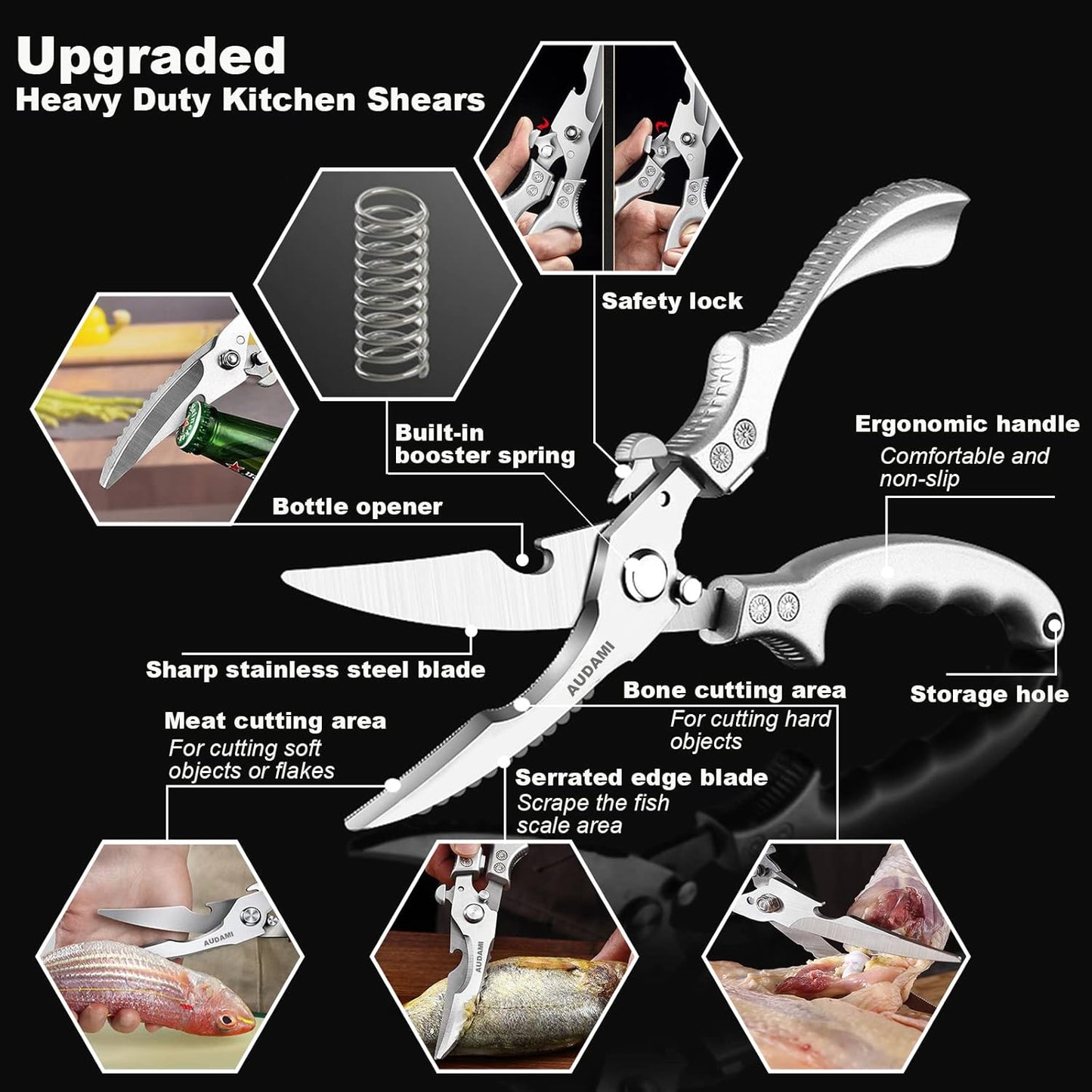 Stainless Steel Heavy Duty Kitchen Scissors - 2 Pack Multipurpose Food Scissors, Poultry & Meat Shears