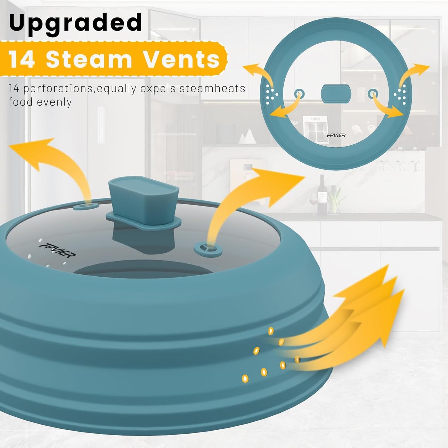 Microwave Splatter Cover, Vented Silicone and Glass Cover Splatter Guard Lid, Food Collapsible Plate Cover Lid with Easy Grip Handle. (Blue, 11.8 inch)