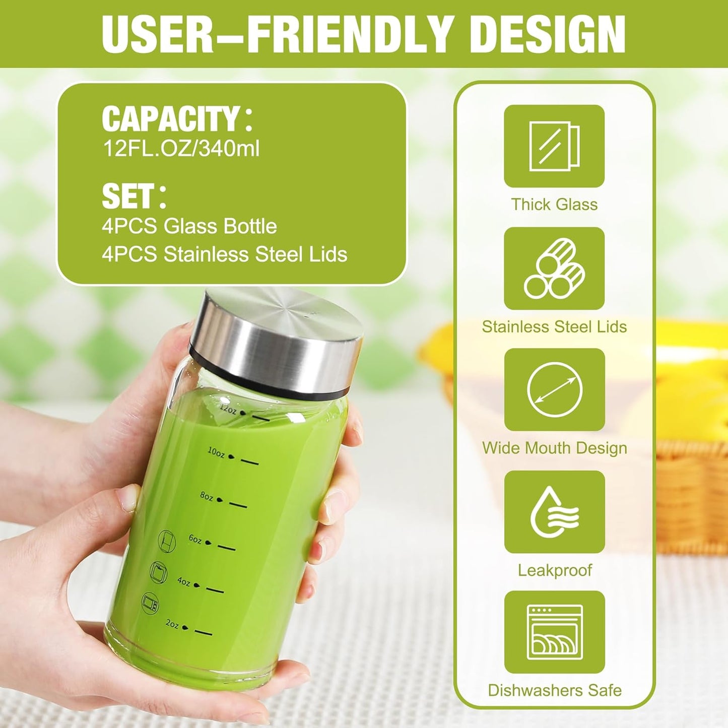 12oz Glass Juice Bottles – 4 Pack Reusable Wide Mouth Bottles with Stainless Steel Lids & Cleaning Brush, BPA-Free Water Bottles for Juicing, Smoothies, Milk, and Protein (360ml)